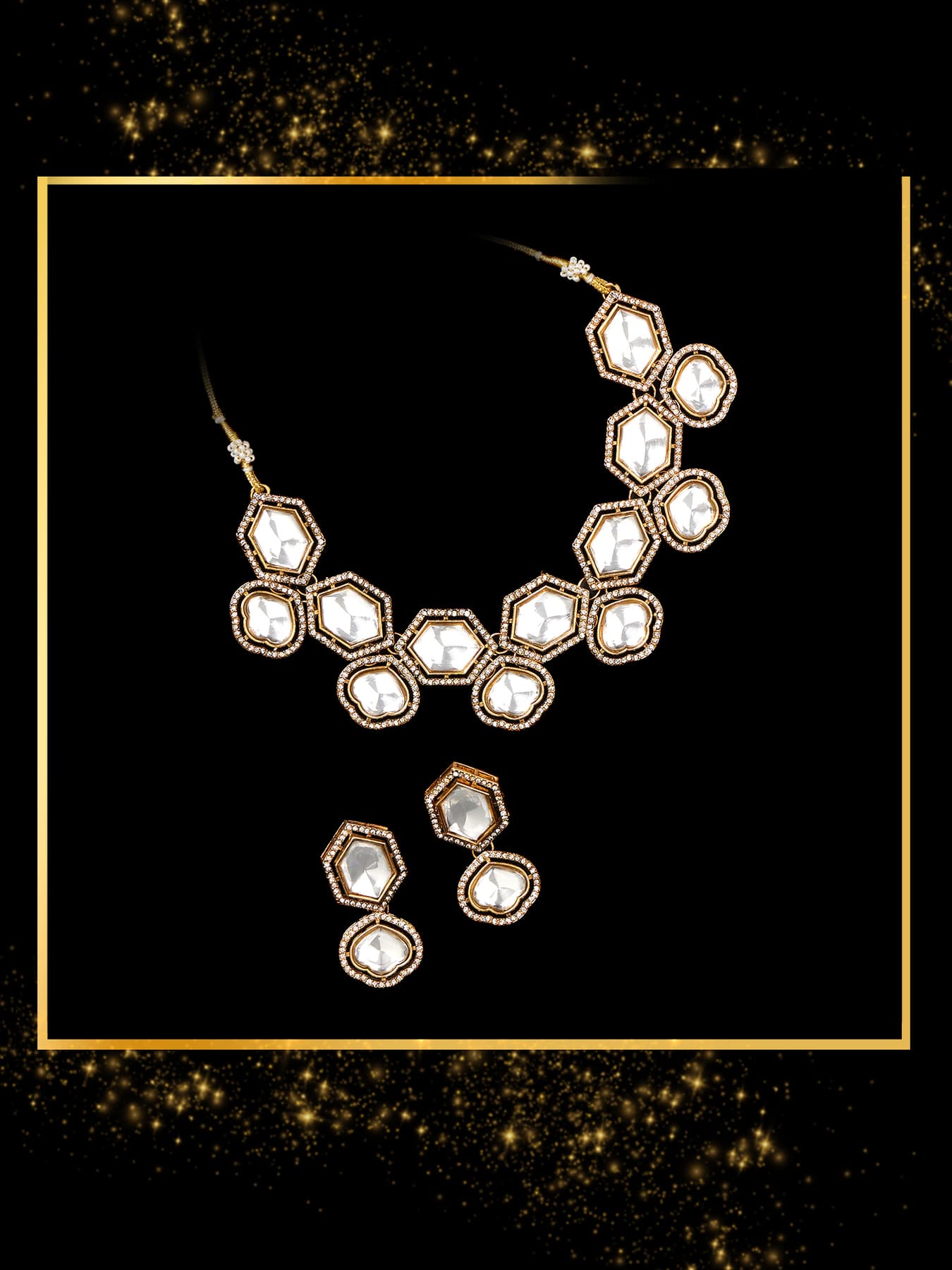 Women's Antique Gold Tone Dazzling Stones Statement Necklace and Earring Set