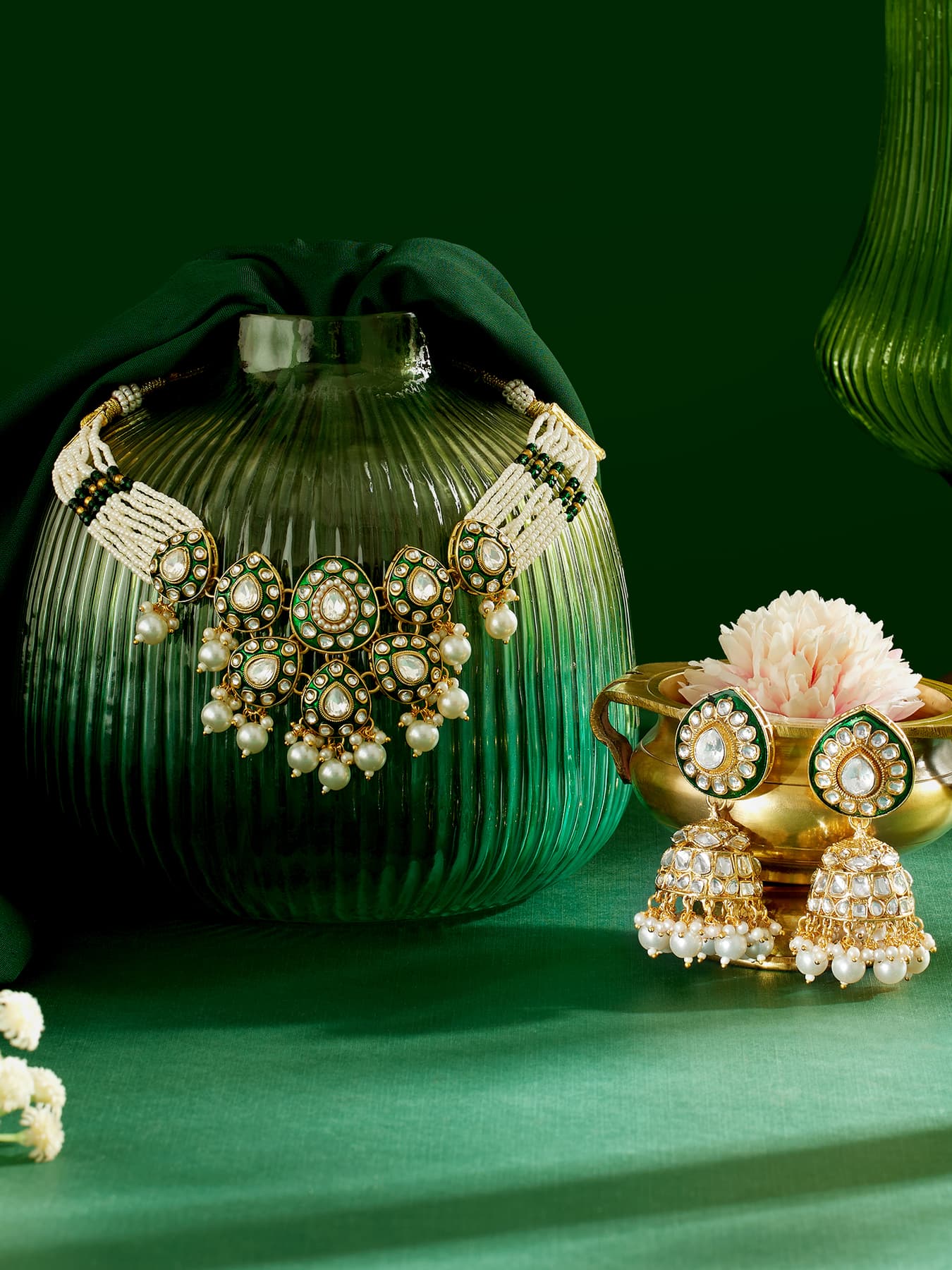 Women's Green Meenakari Dazzling Stones Multistrand Choker Necklace and Earring Set