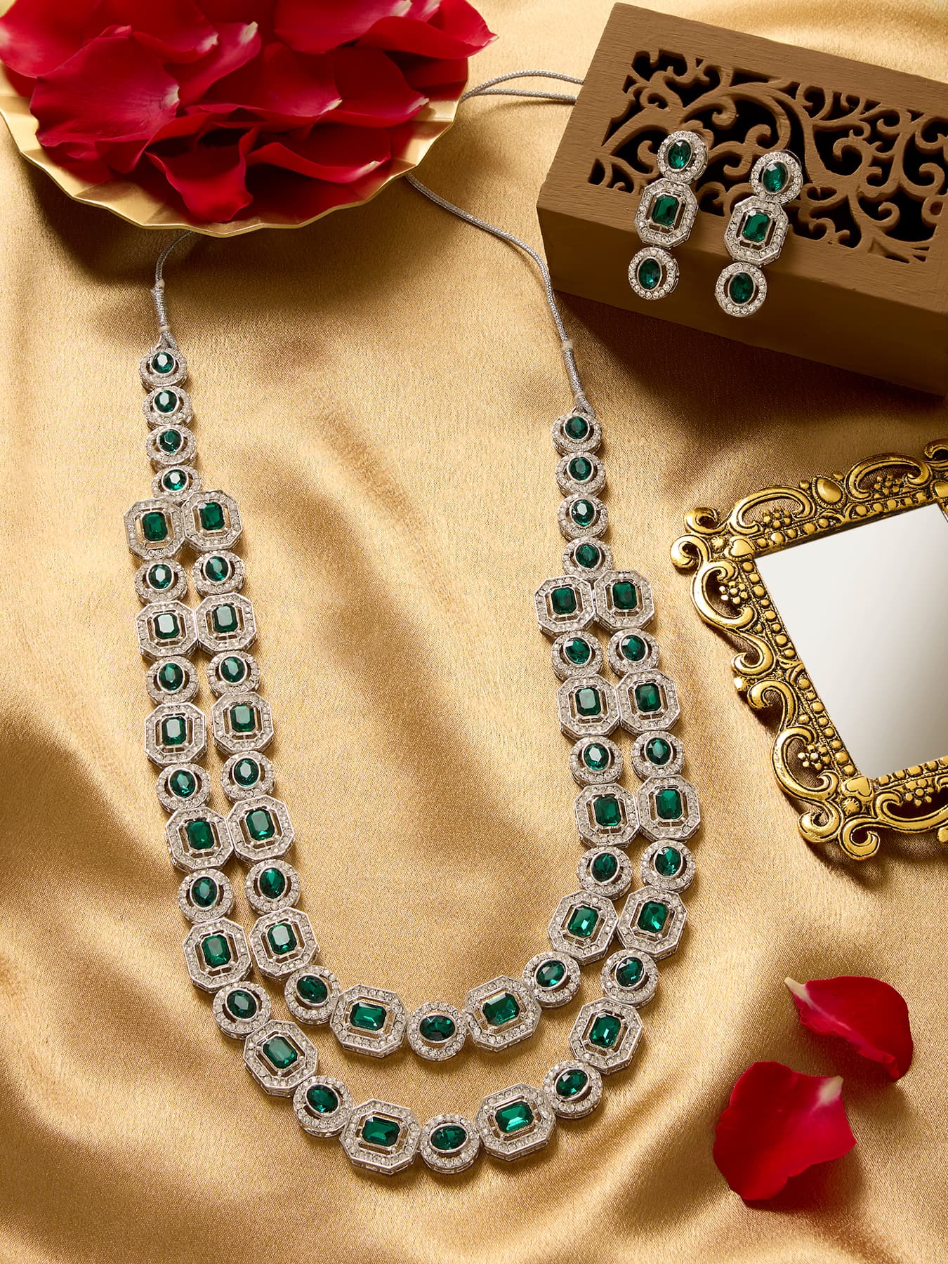Women's Green Stones Dazzling Austrian Diamonds Layered Necklace and Earring Set
