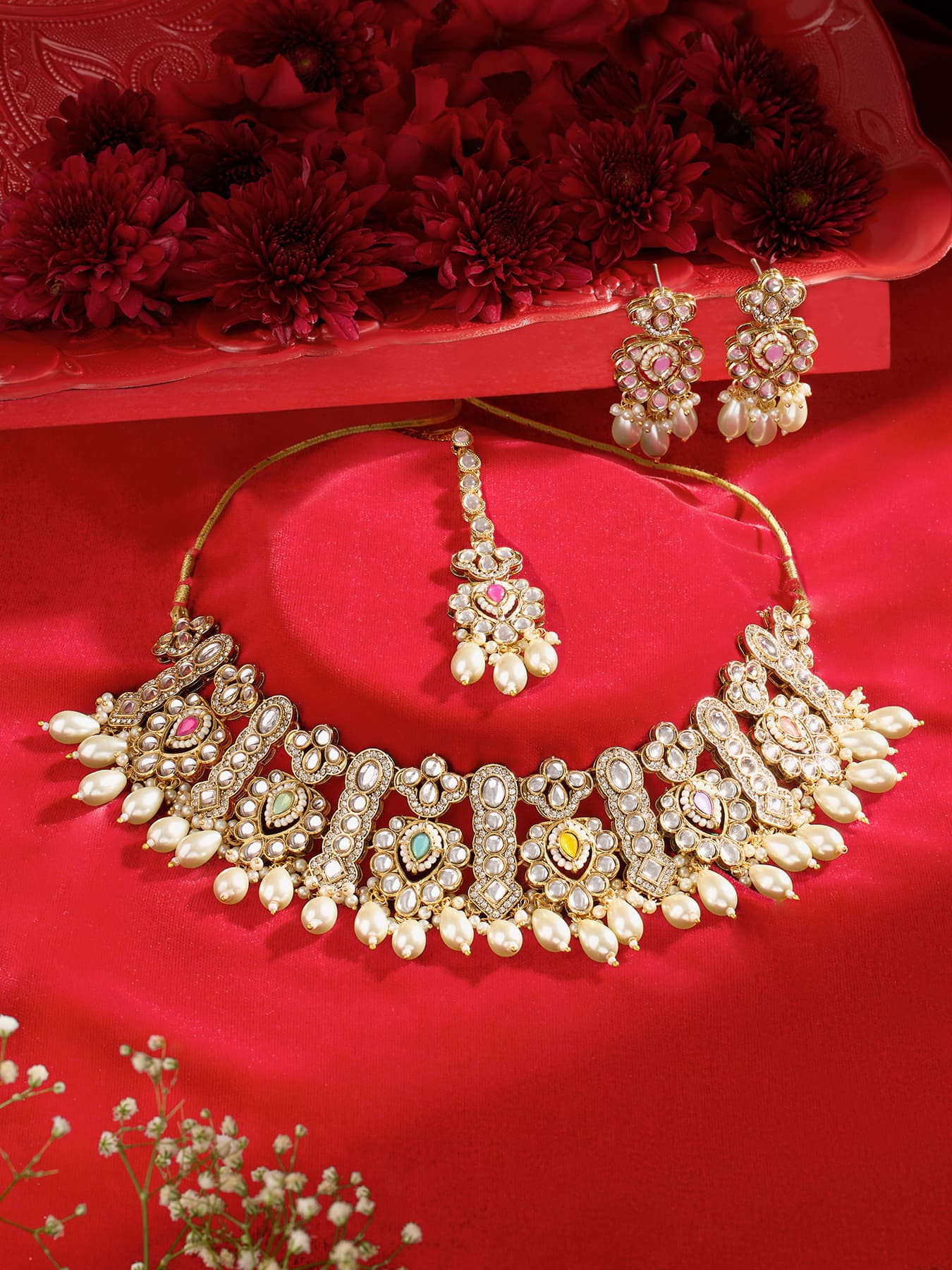 Women's Multicolor Stones Beads Kundan Necklace Earring and Maangtikka Set