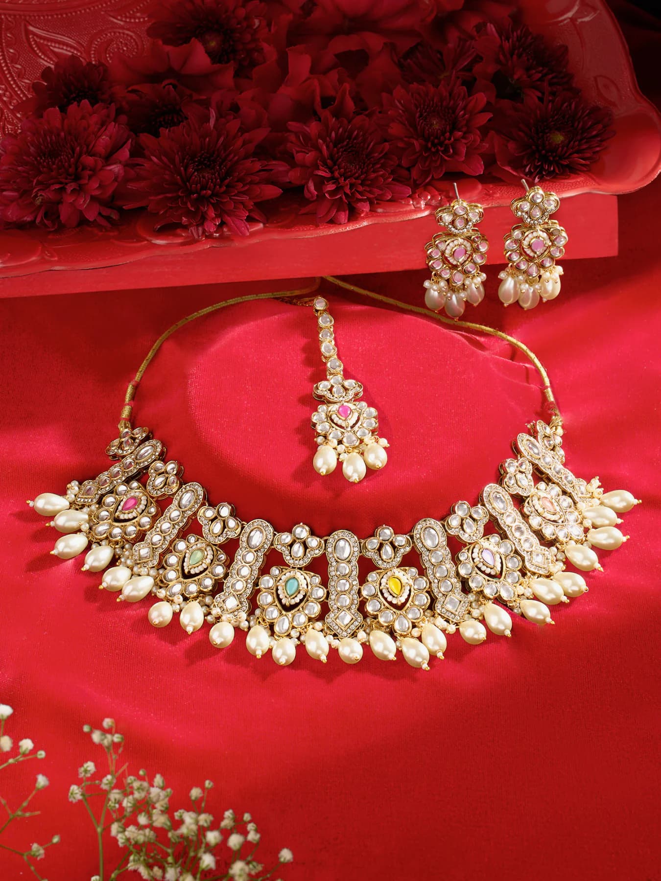 Women's Multicolor Stones Beads Kundan Necklace Earring and Maangtikka Set