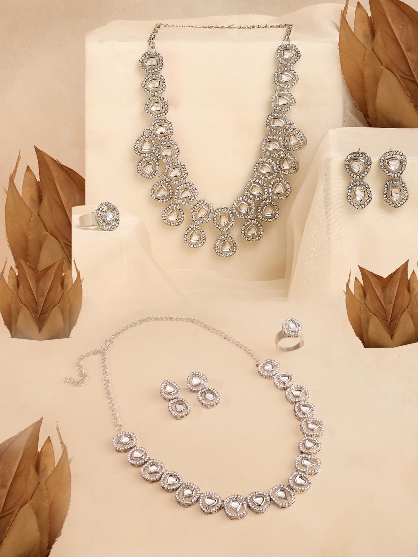 Women's Combo of 2 Silver Tone Austrian Diamonds Necklaces Earrings and Rings Set