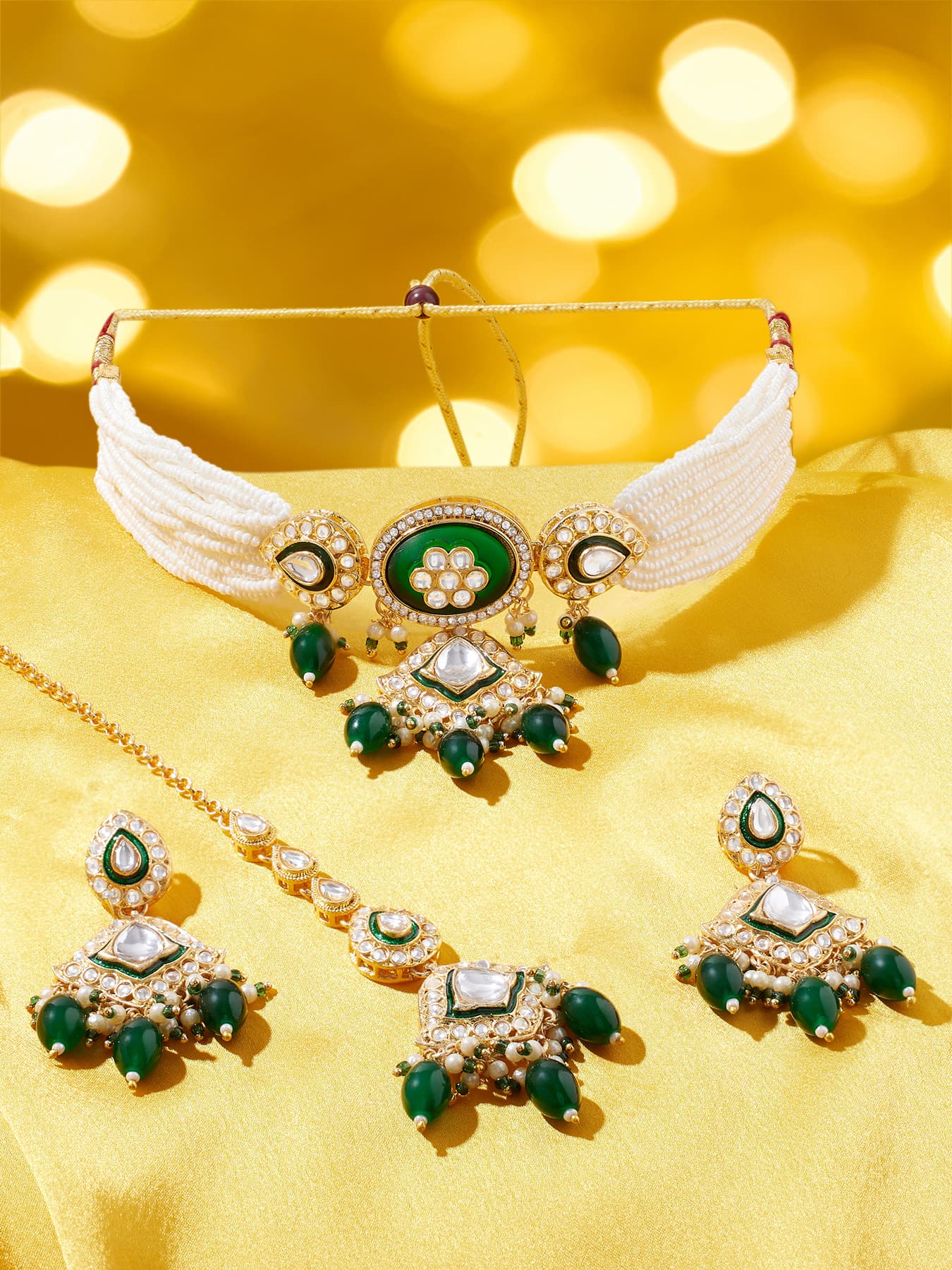 Women's Green Stones Beads Drop Multistrand Beaded Mere Meenakari Choker Necklace Earring and Maangtikka Set