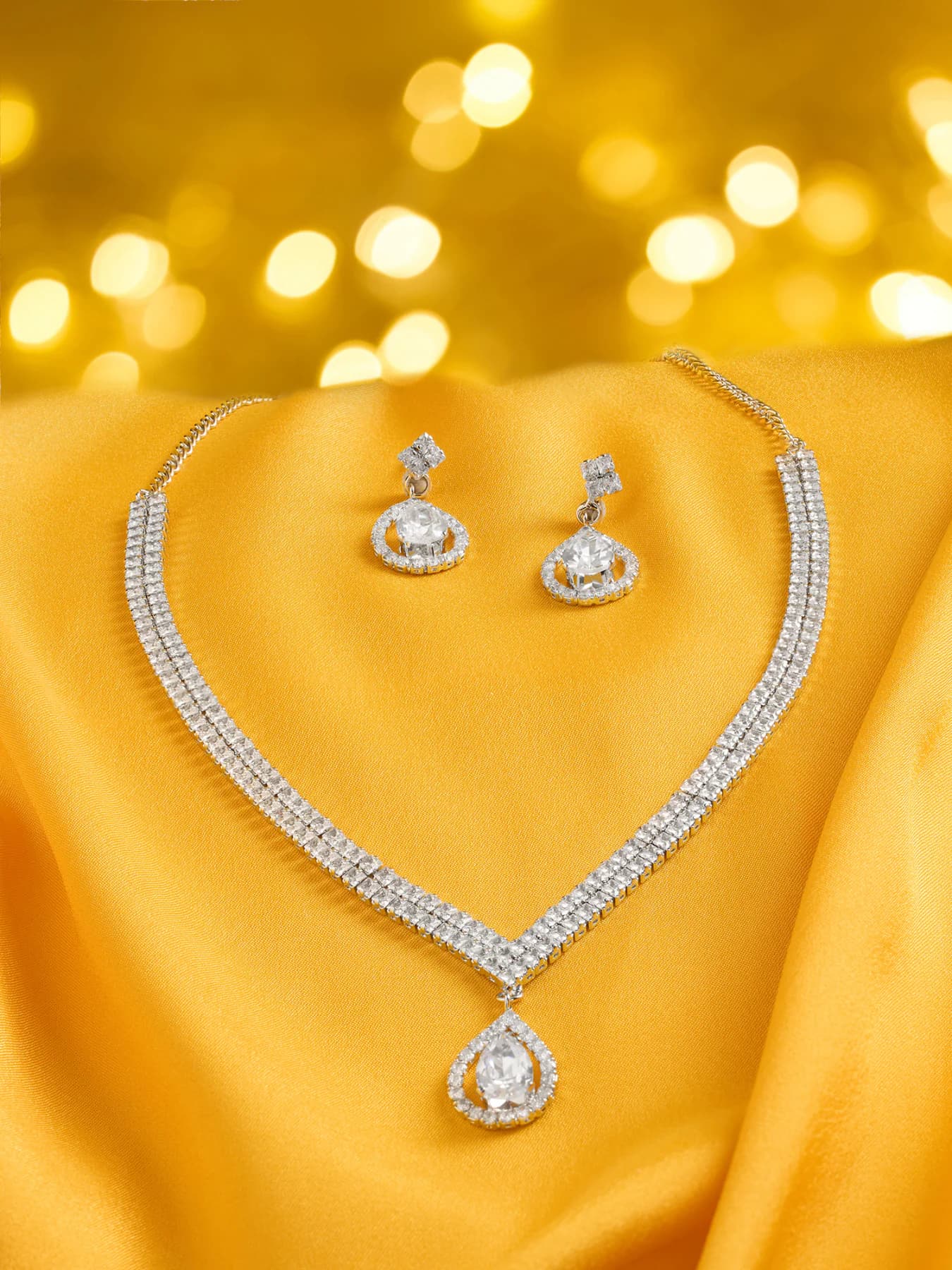 Women's Silver Tone Dazzling Diamonds Contemporary Necklace and Earring Set