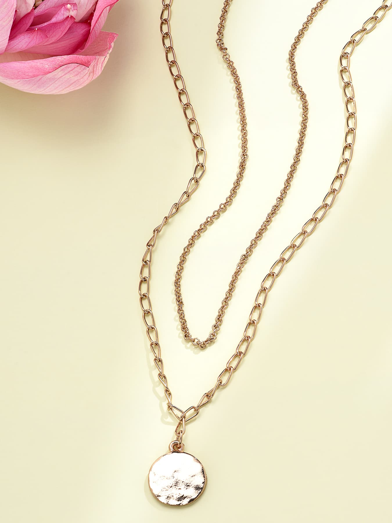 Women's Gold Tone 2 Layers Circular Charm Drop Contemporary Chain