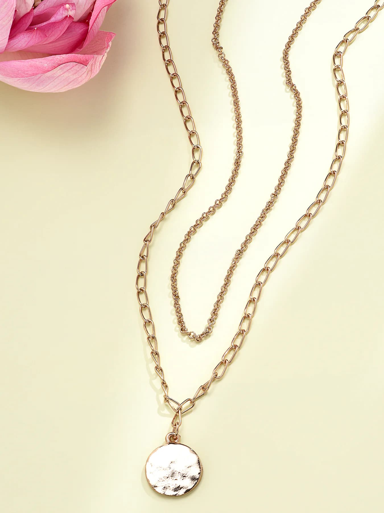 Women's Gold Tone 2 Layers Circular Charm Drop Contemporary Chain