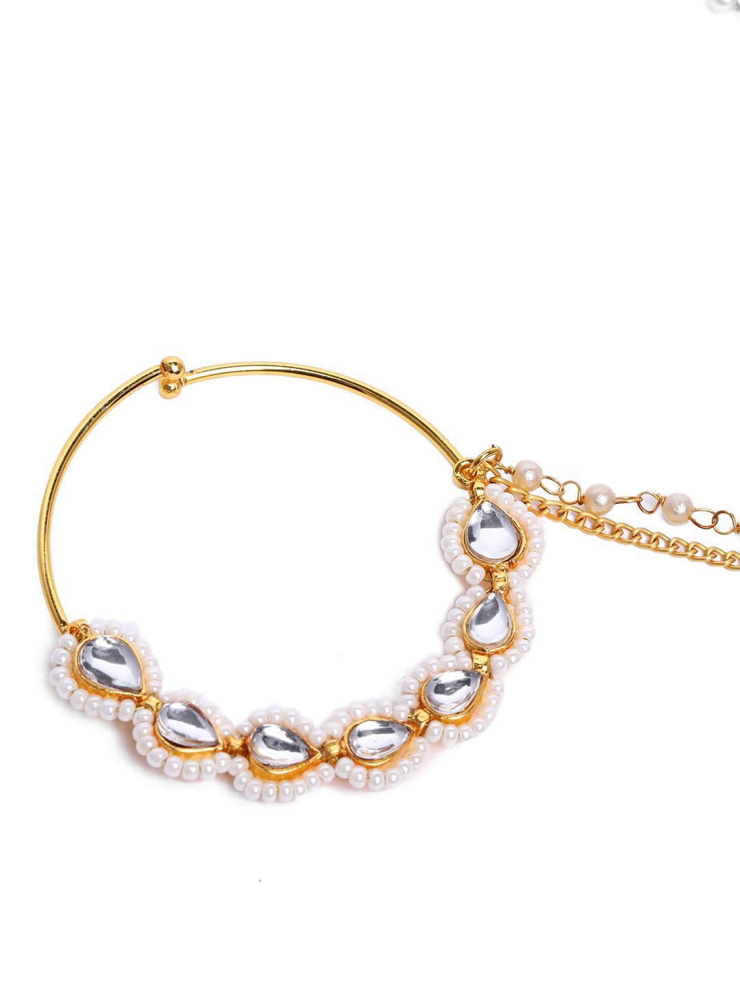 Women's Gold Tone Kundan and Pearls Bridal Collection Chain Linked NoseRing