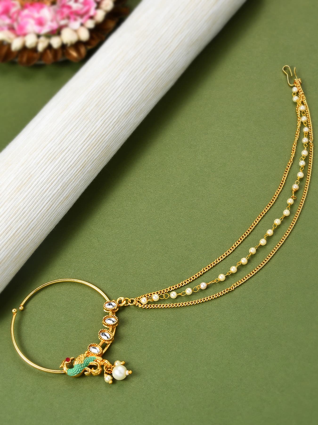 Women's Green Meenakari Peacock Inspired Chain Linked Bridal Nath