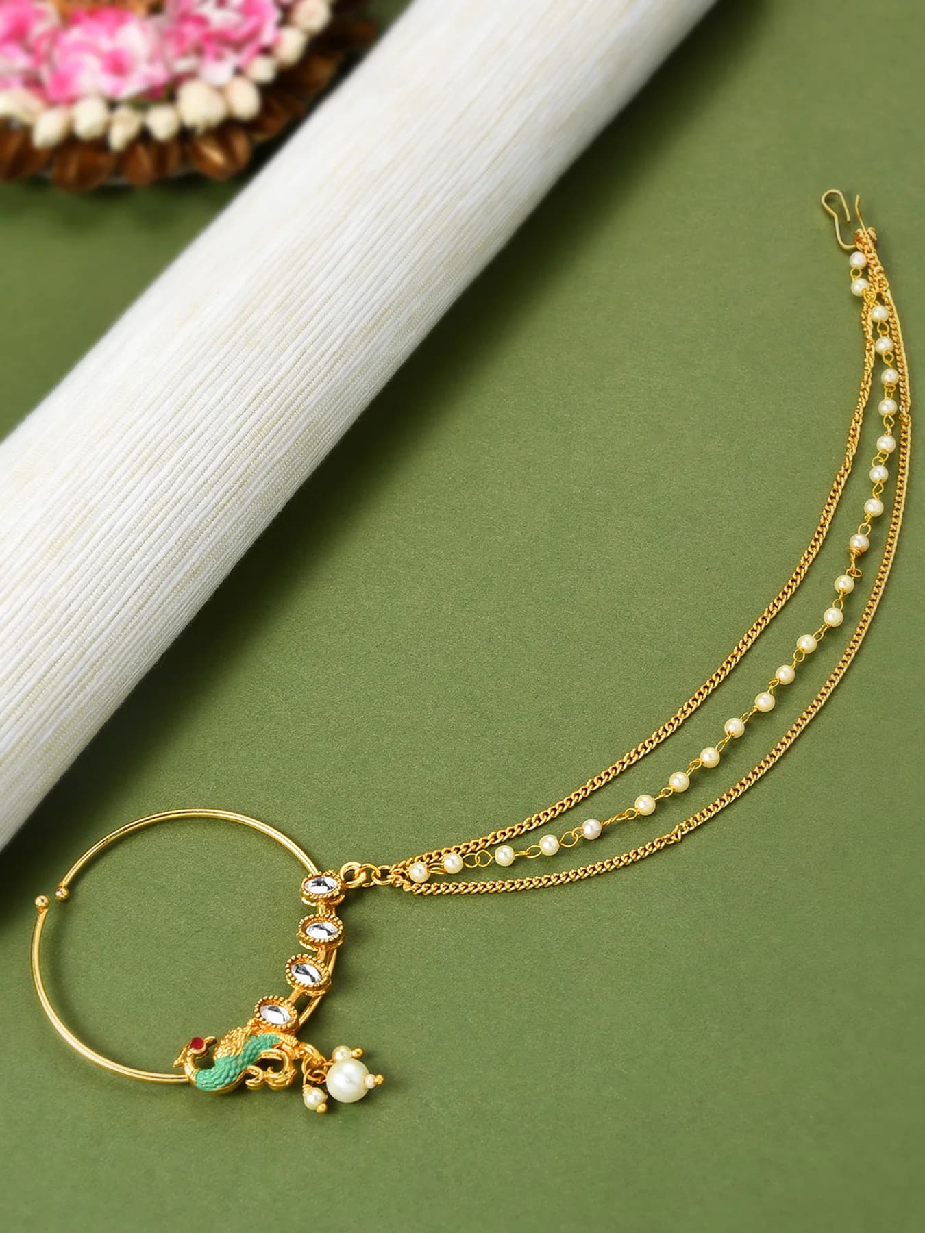 Women's Green Meenakari Peacock Inspired Chain Linked Bridal Nath