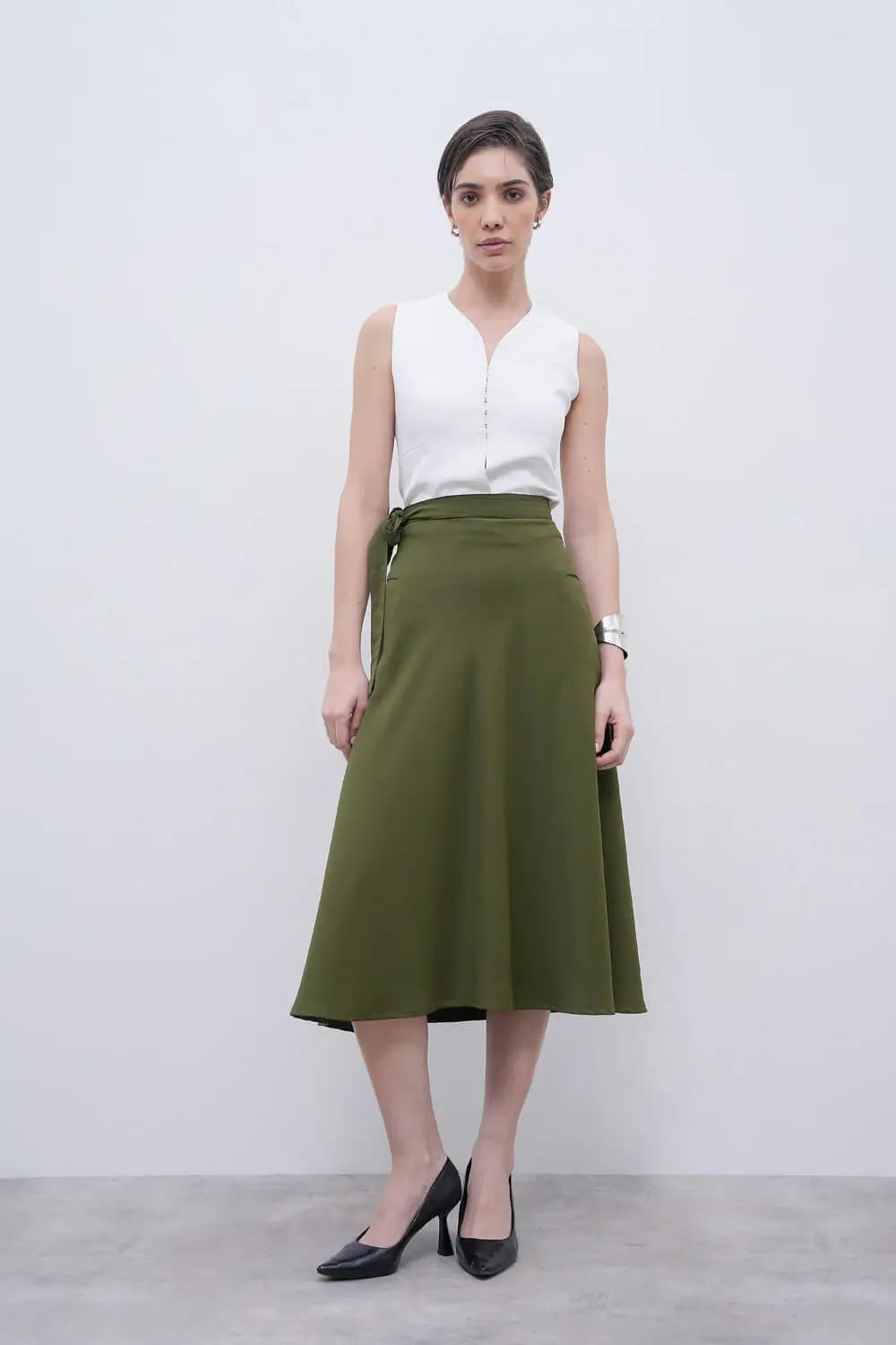 Women's Green Formal Airy A-Line Midi Wrap Skirt