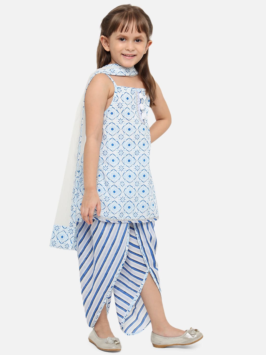 Girls Blue Festive Printed Square Neck Ethnic Clothing Set