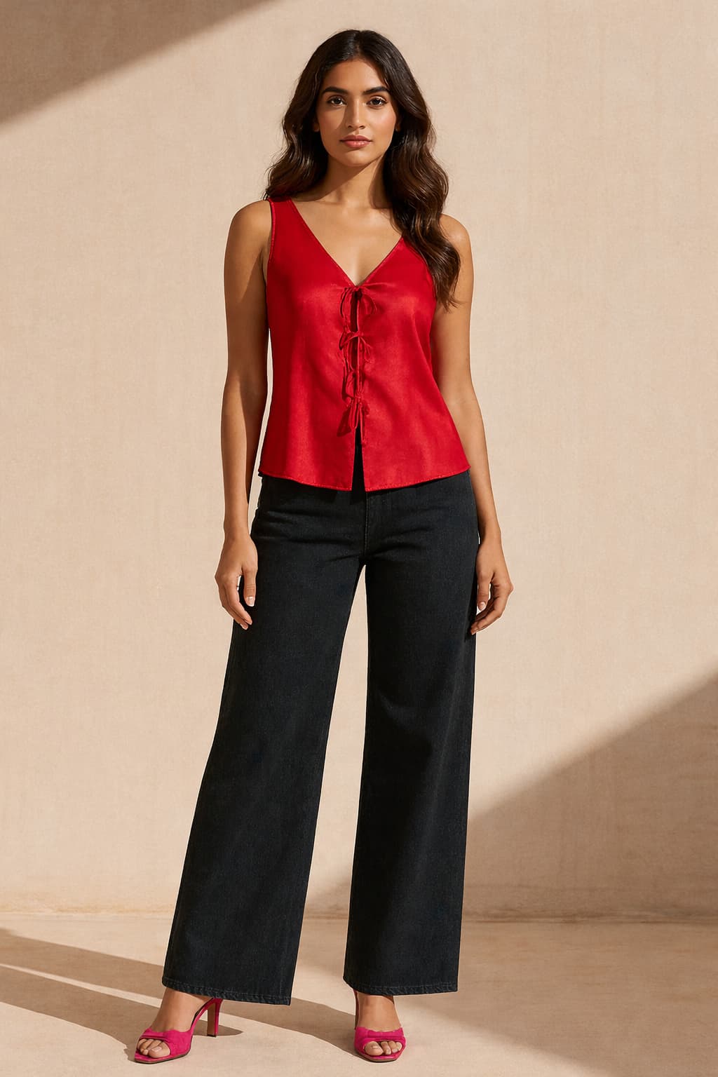 Women's Orange Casual Solid Tie Up Top