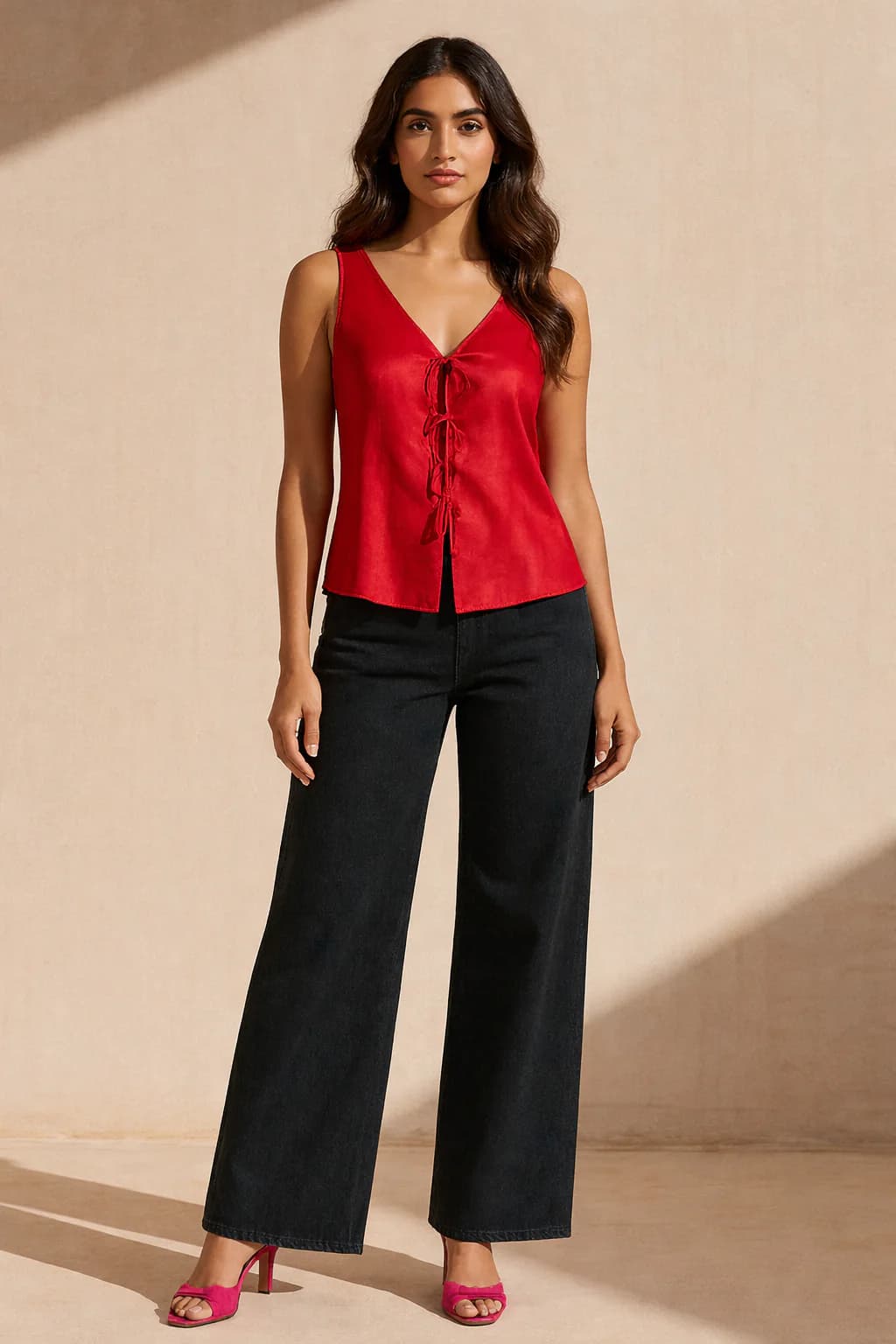 Women's Orange Casual Solid Tie Up Top