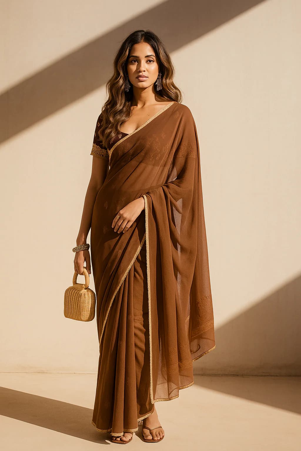 Women's Brown Festive Solid Festive Saree