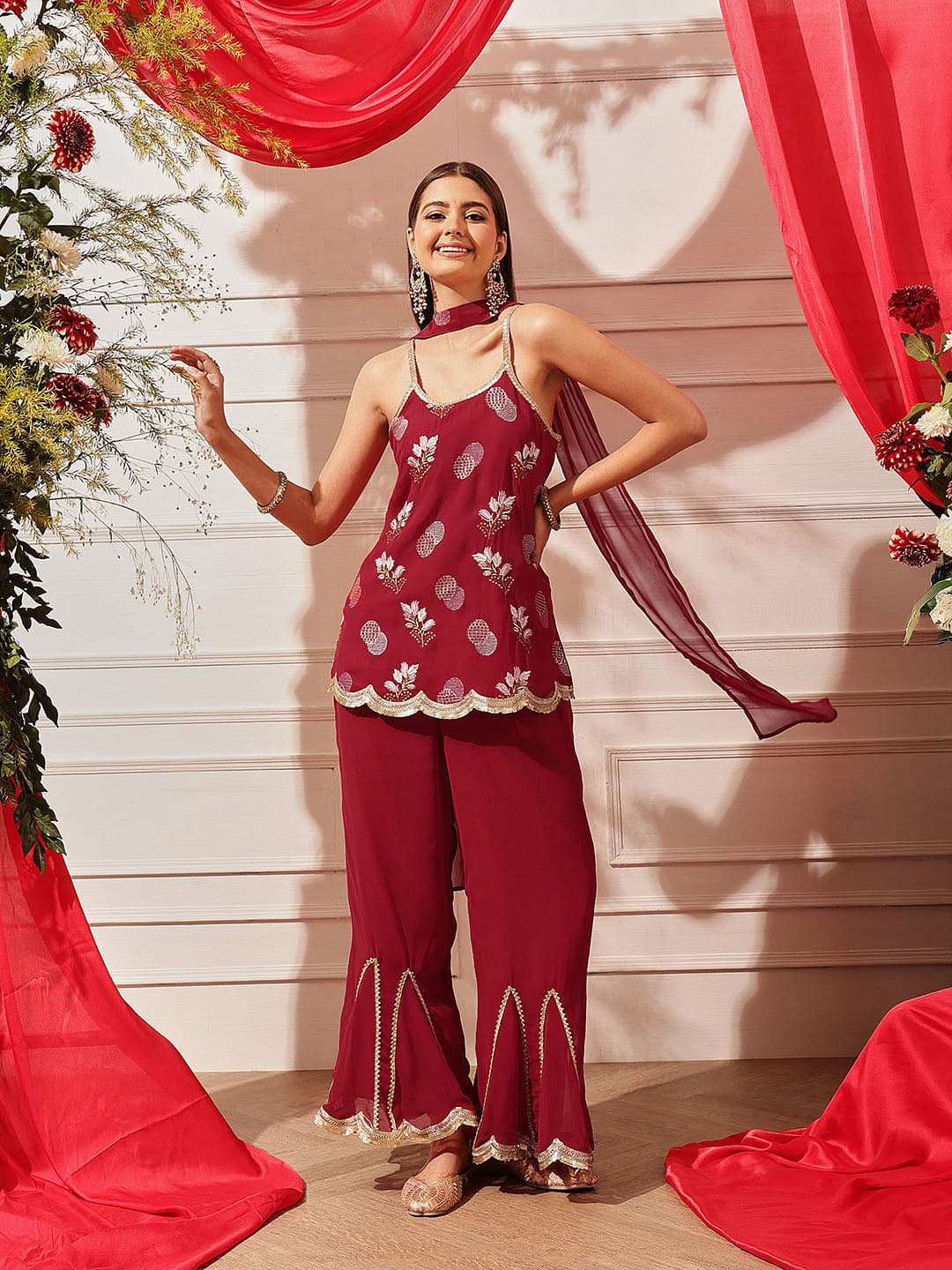 Women's Red Festive Ethnic Motifs Embroidered Regular Thread Work Kurta with Sharara and Dupatta