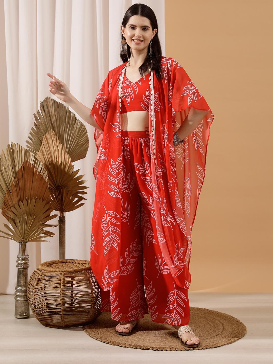 Women's Orange Casual Printed Top and Palazzo with Shrug Co-ords Set