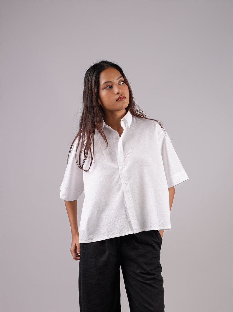 Women's White Casual Half Sleeves Regular Fit Oversized Shirt