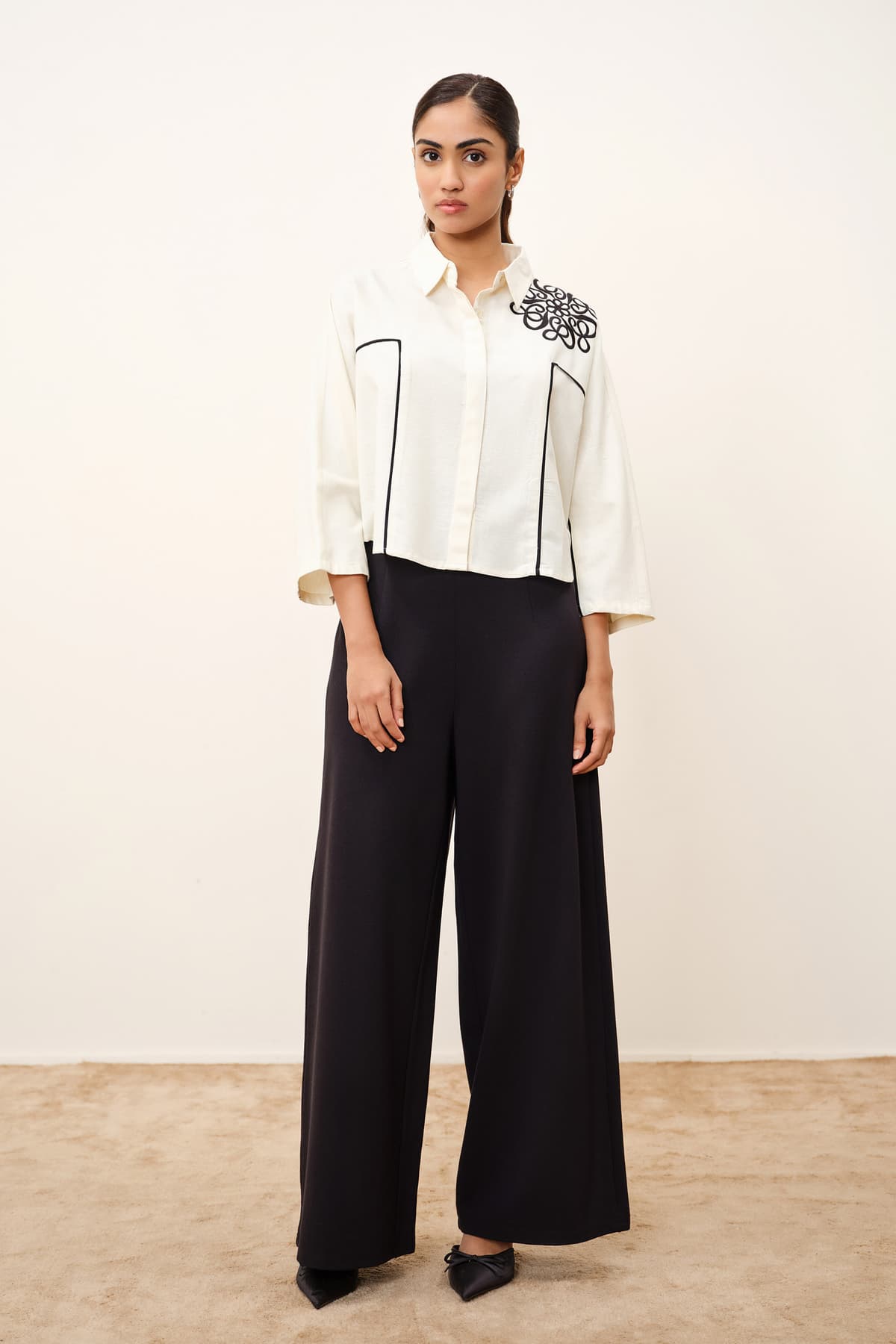 Women's Beige Casual Solid Three Quarter Sleeves Shirt