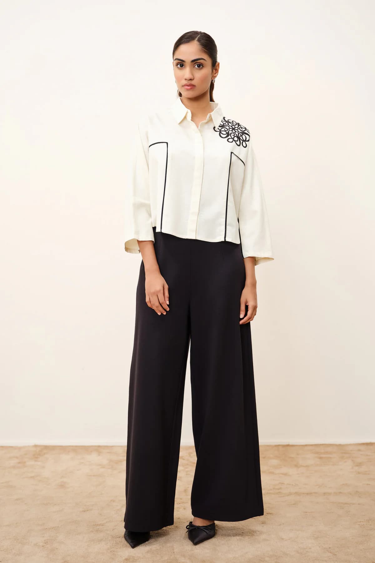 Women's Beige Casual Solid Three Quarter Sleeves Shirt