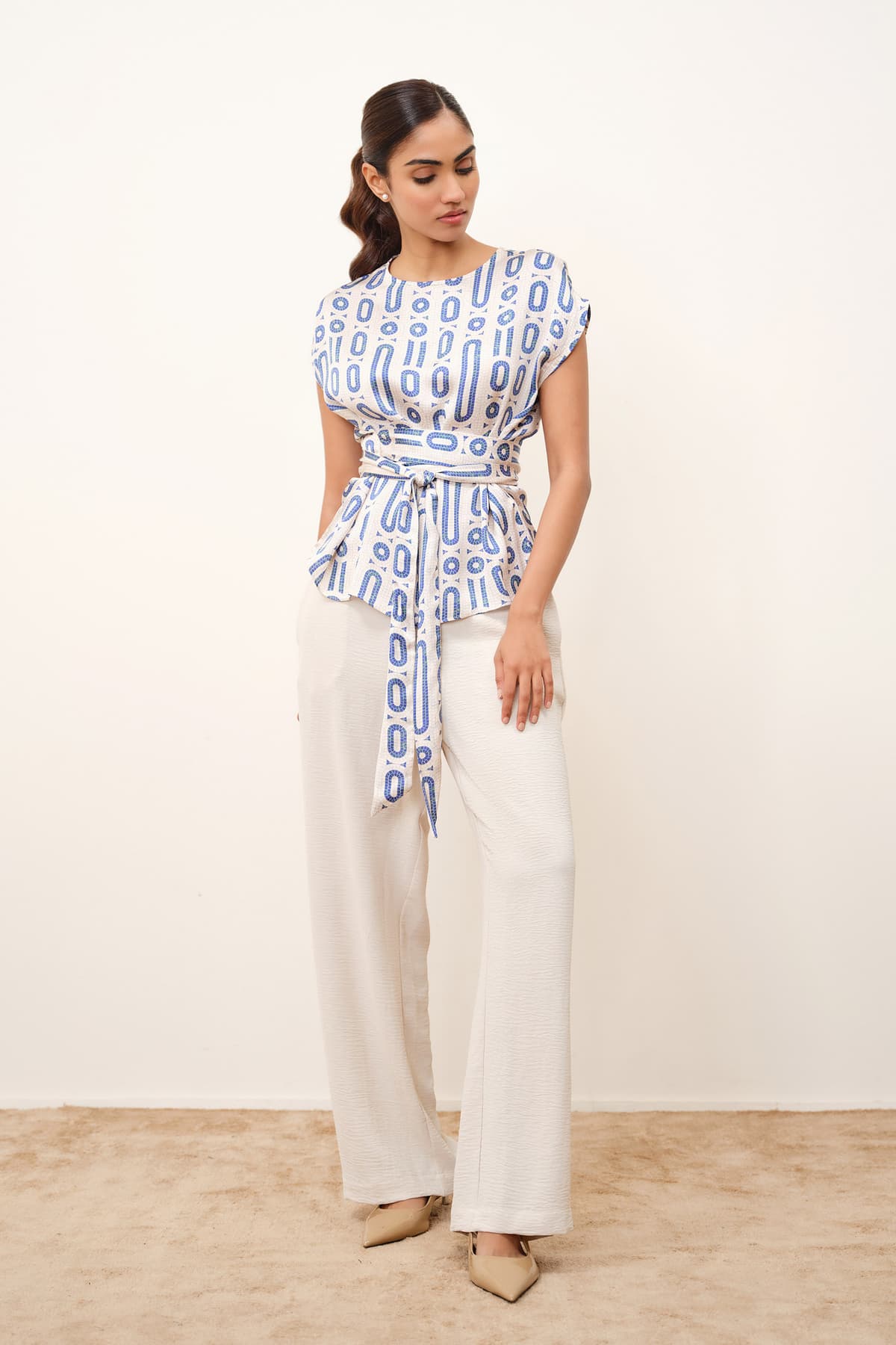 Women's Blue Casual Printed Half Sleeves Top