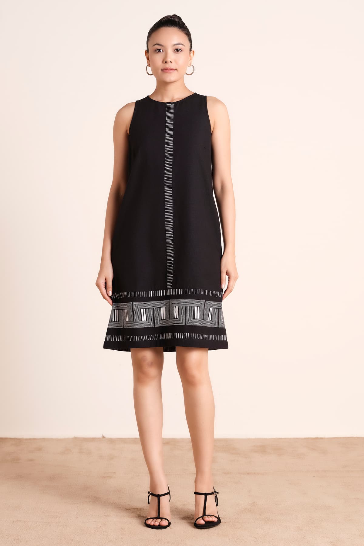 Women Black Cotton Casual A-Line Round Neck Printed Dress