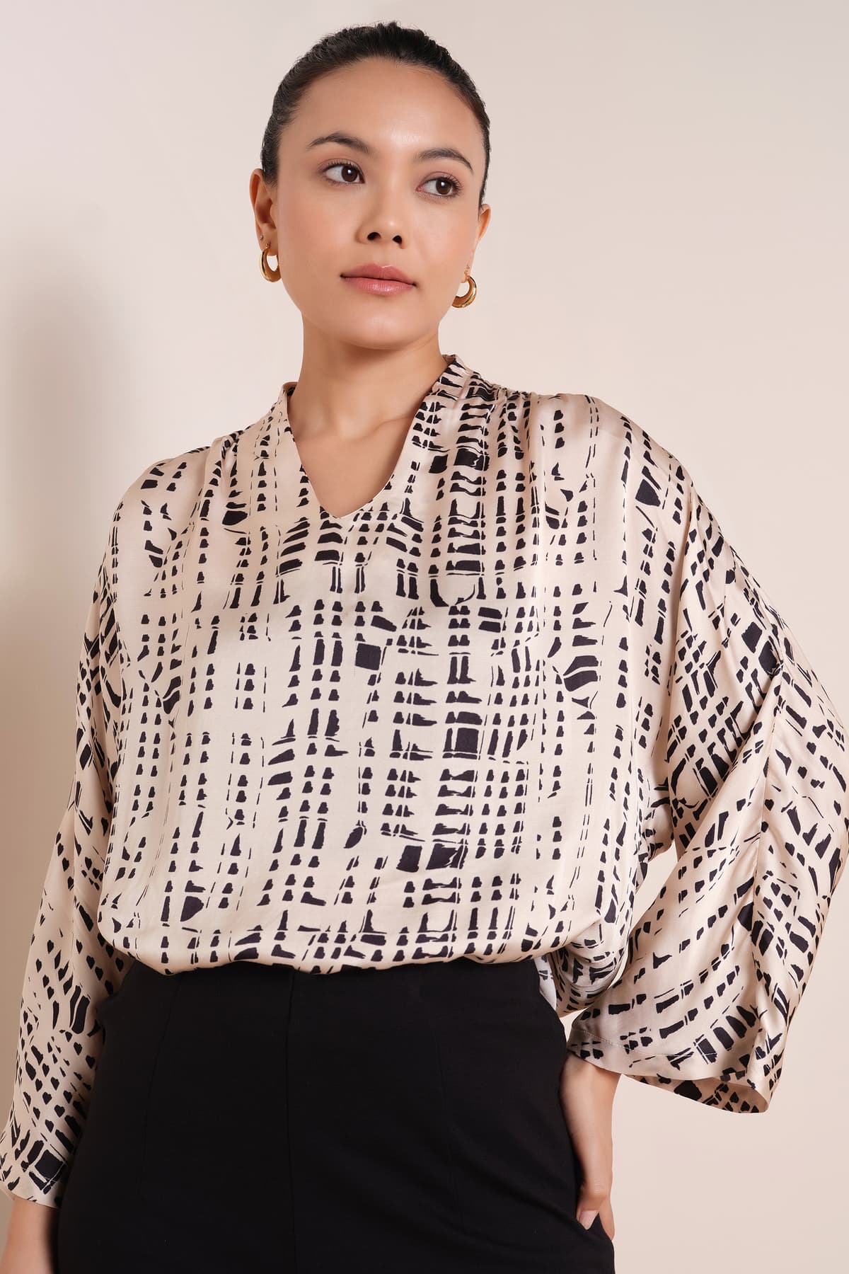 Women Beige Casual Modal V-Neck Abstract Top