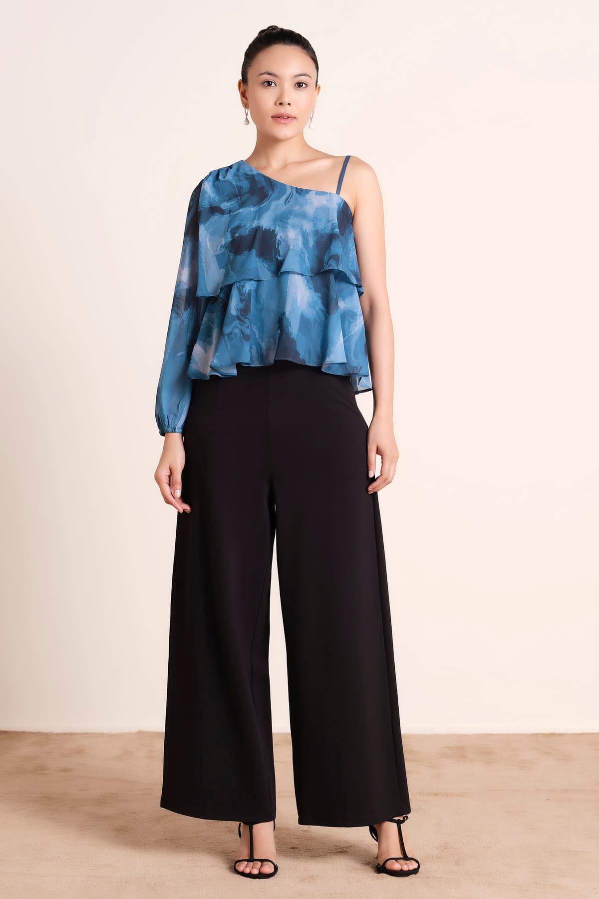 Women Blue Party Polyester One Shoulder Floral Top