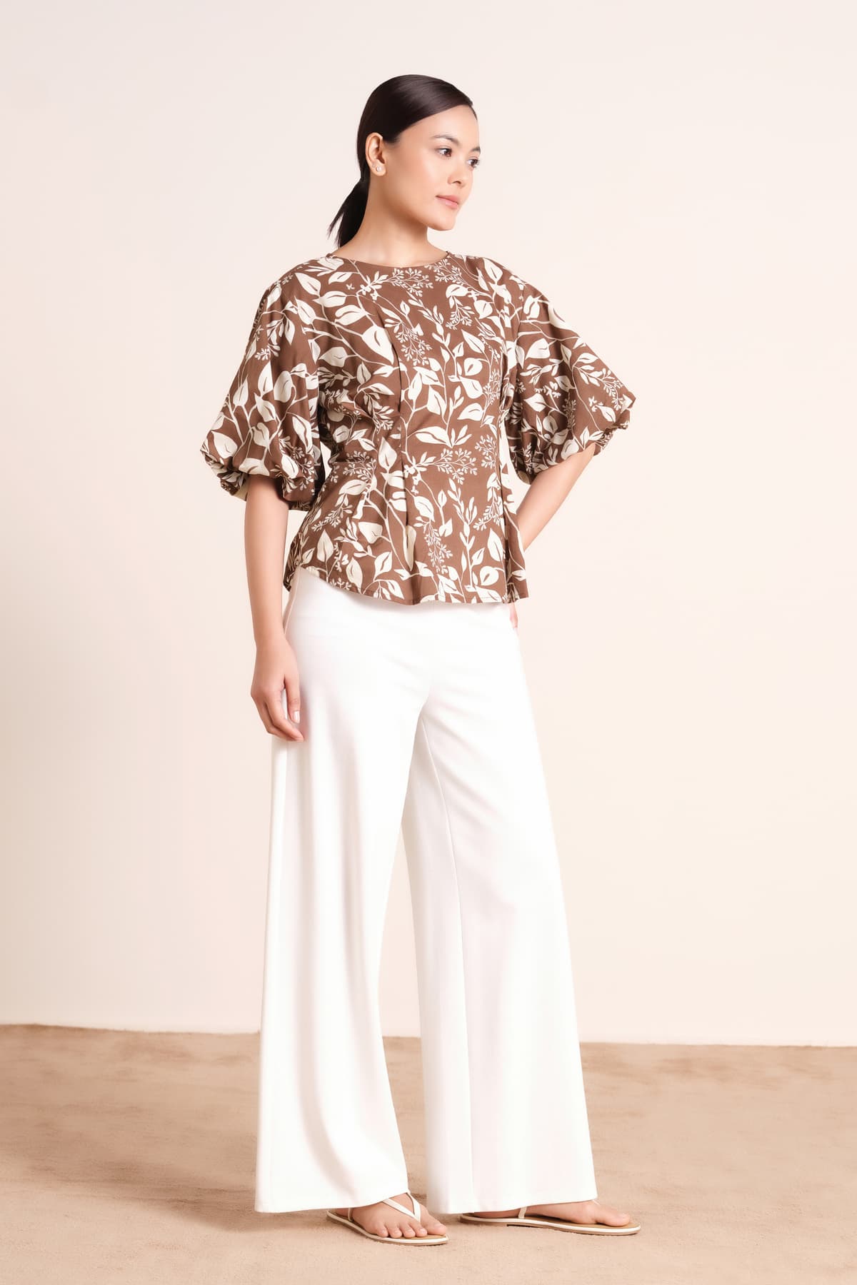 Women Brown Casual Cotton Round Neck Floral Top