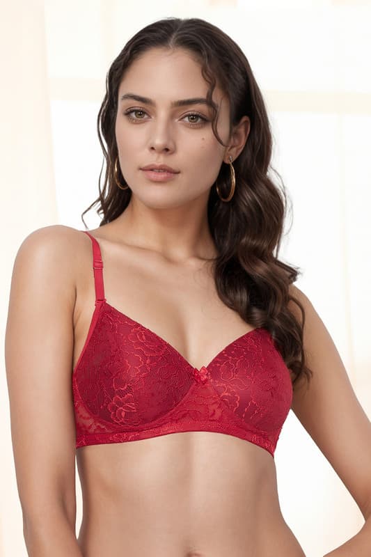 Women's Red Padded Non-Wired Full Cup Floral Self-Patterned Multiway Bra