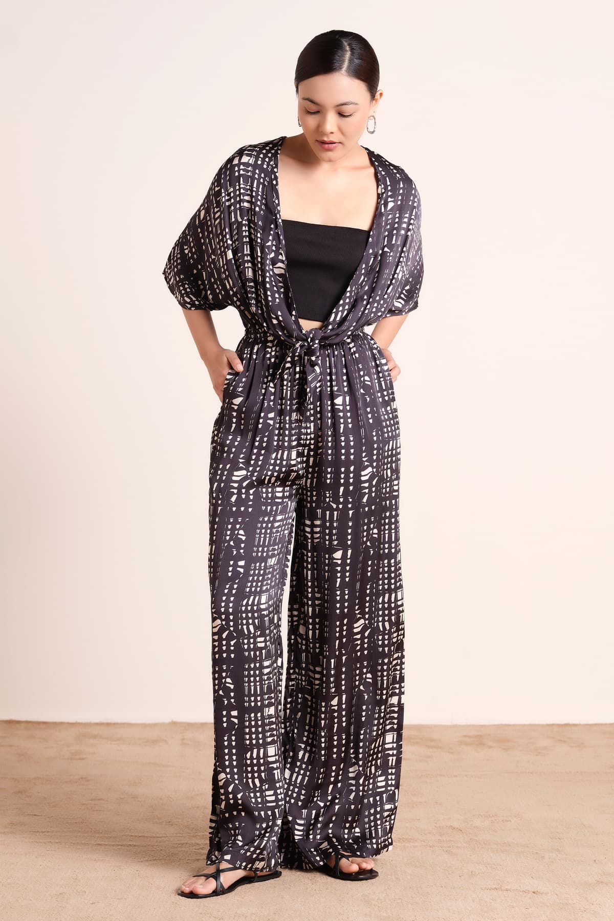 Women's Black Casual Modal Satin Short Sleeves V-Neck Jumpsuit