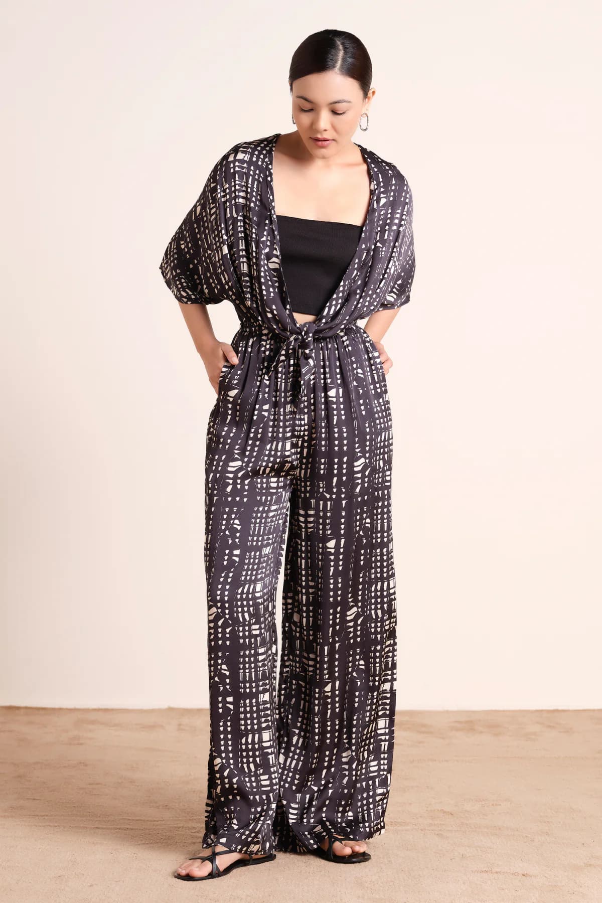 Women's Black Casual Modal Satin Short Sleeves V-Neck Jumpsuit