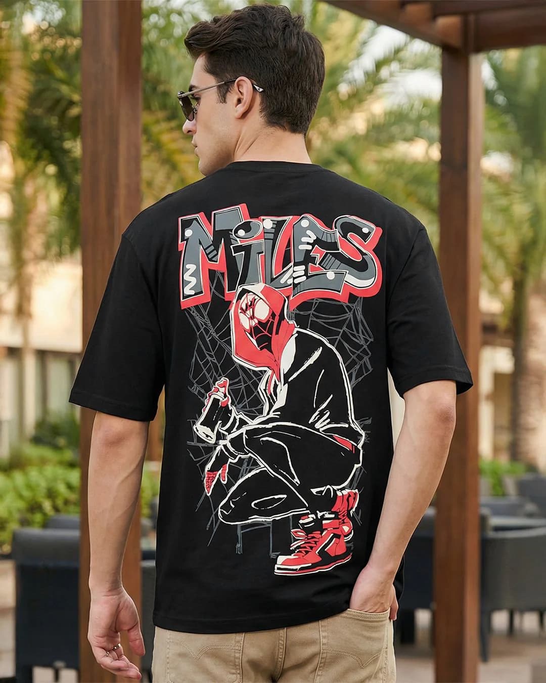 Men's Black Casual Graphic Oversized Fit Half Sleeves Tshirt