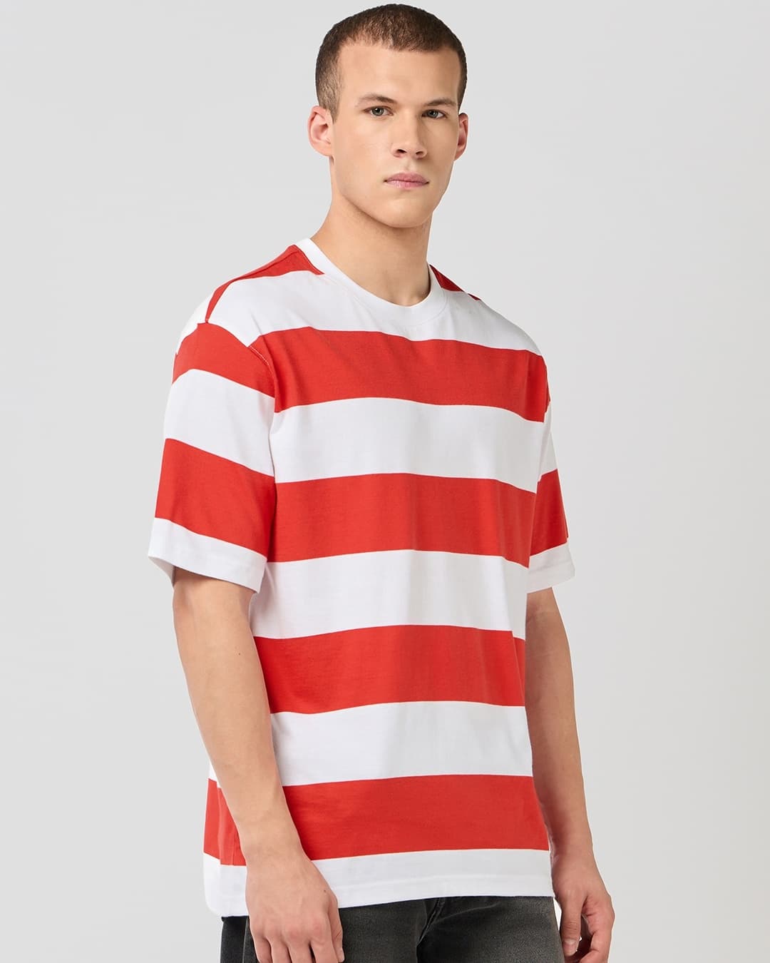 Men's Red Casual Striped Oversized Fit Half Sleeves Tshirt