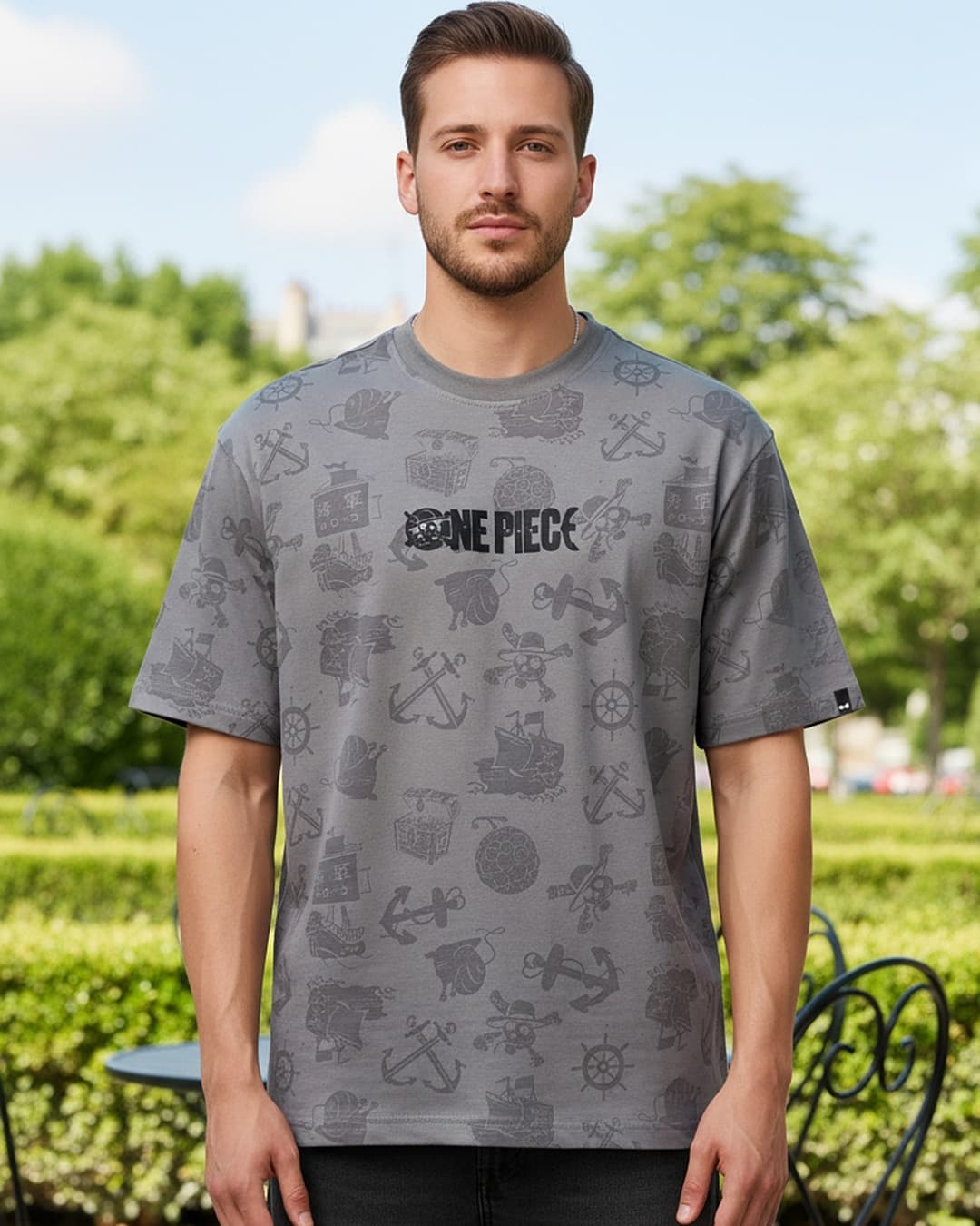 Men's Grey Casual Printed Oversized Fit Half Sleeves Tshirt