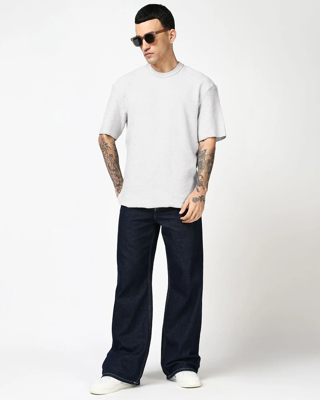 Men's Grey Casual Textured Oversized Fit Half Sleeves Tshirt