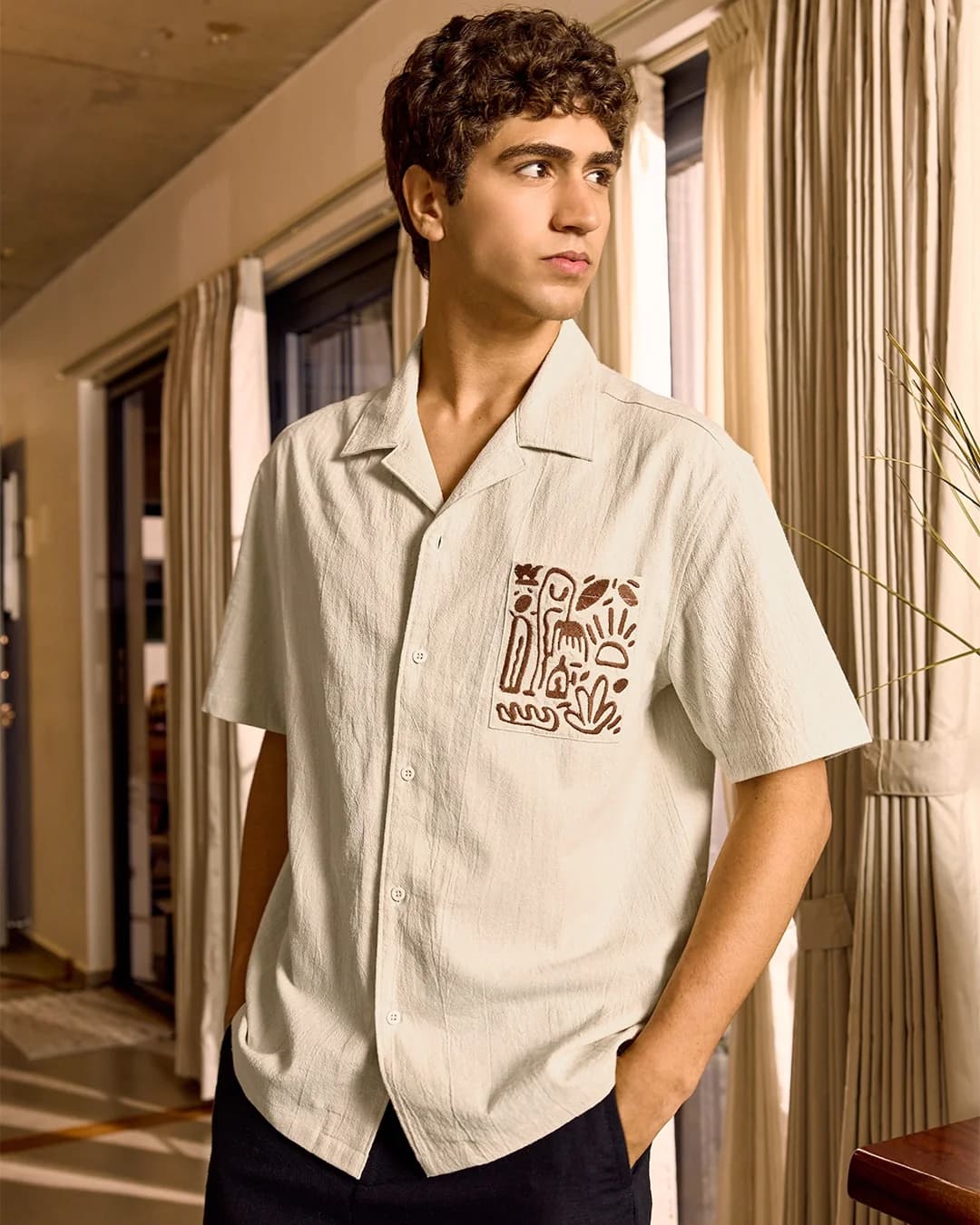 Men's Beige Casual Oversized Fit Half Sleeves Cotton Shirt