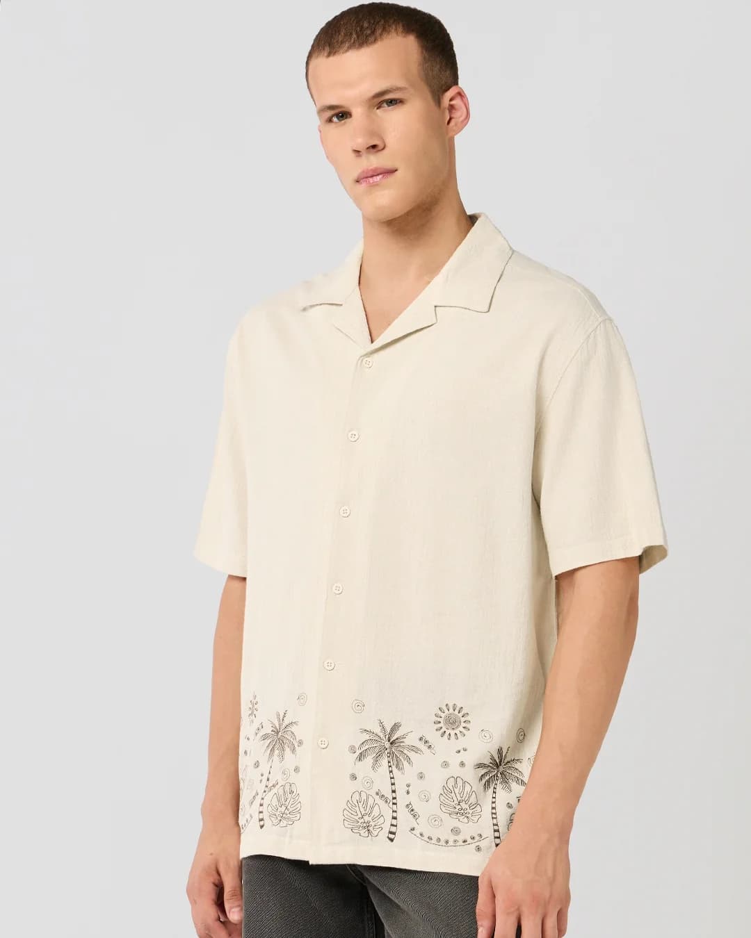 Men's Beige Casual Oversized Fit Half Sleeves Cotton Shirt