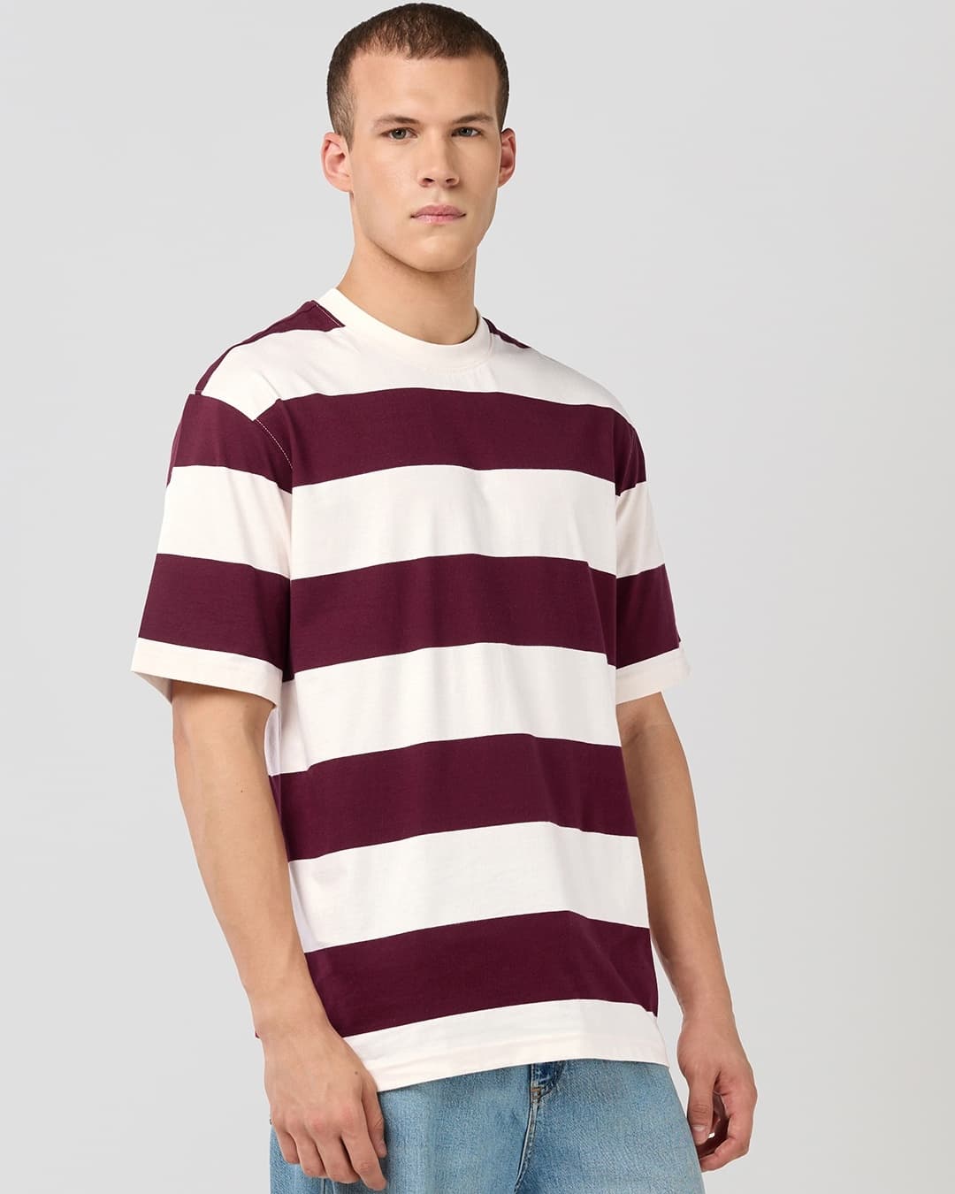 Men's Red Casual Striped Oversized Fit Half Sleeves Tshirt