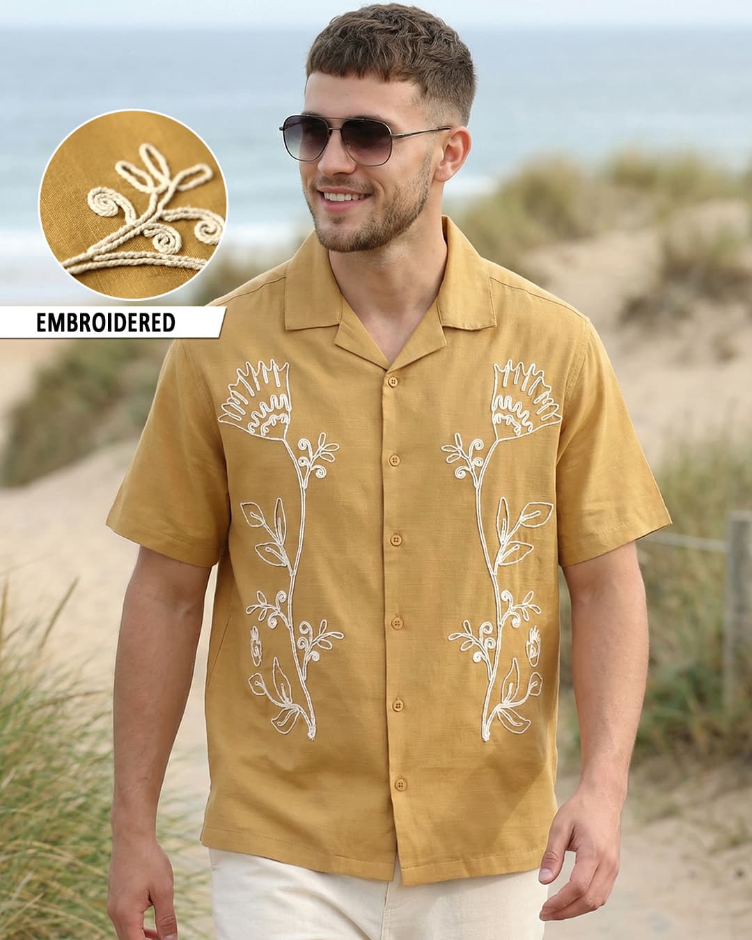 Men's Mustard Yellow Embroidered Oversized Shirt