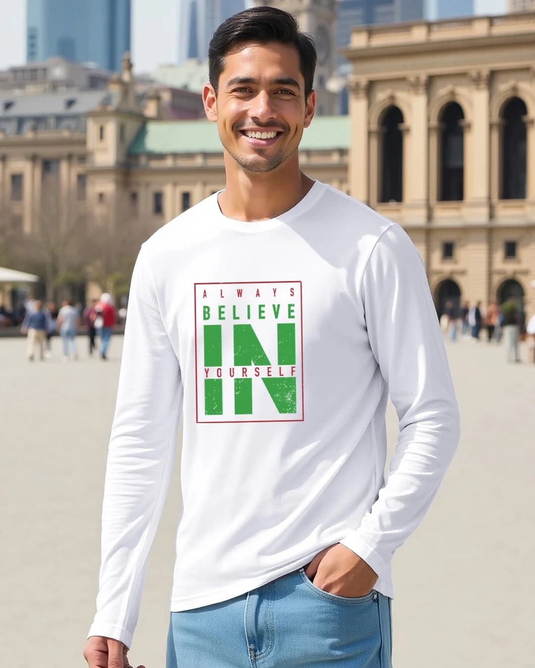 Men's White Casual Typography Regular Fit Full Sleeves Tshirt