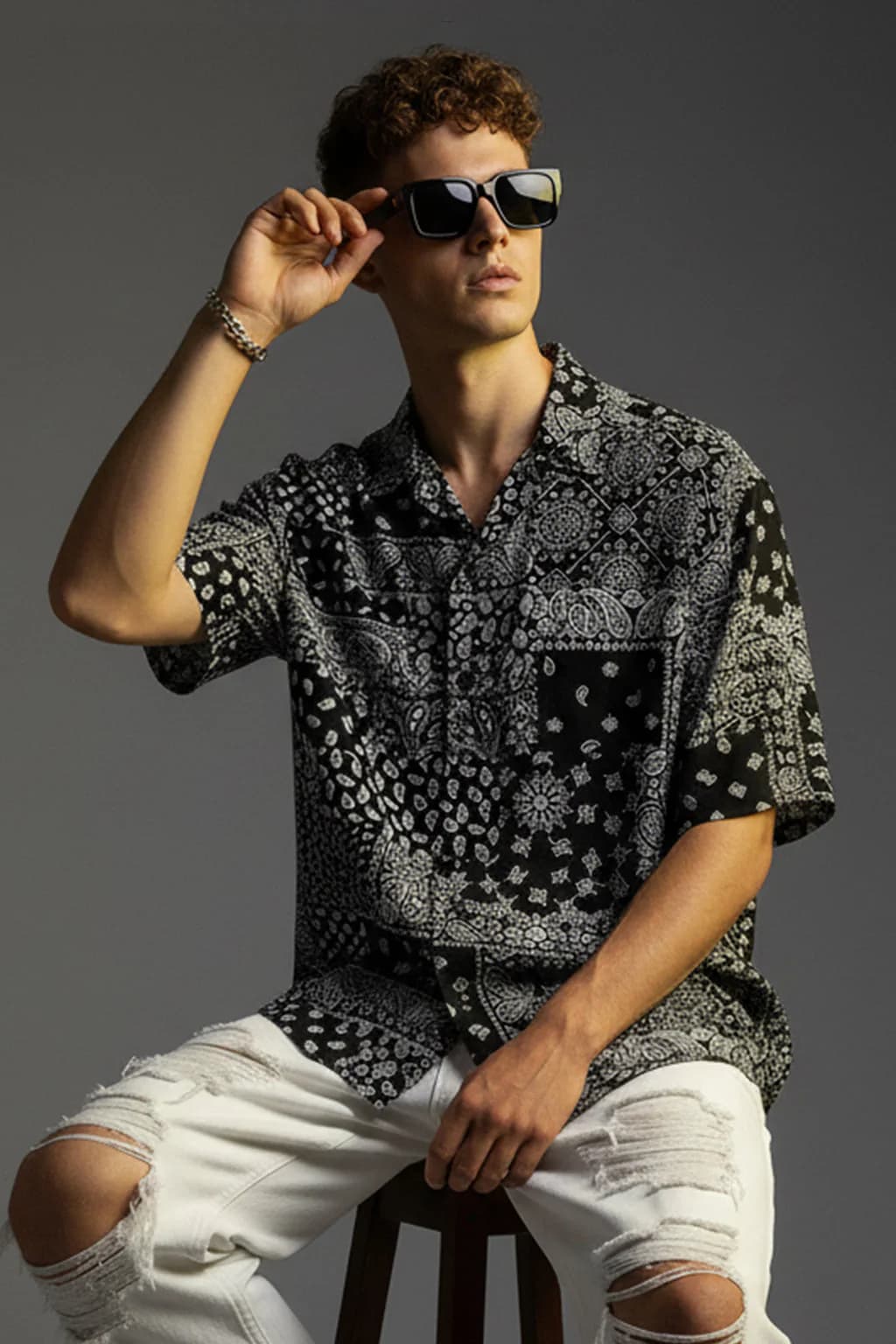 Men's Black Casual Oversized Fit Half Sleeves Printed Cotton Shirt