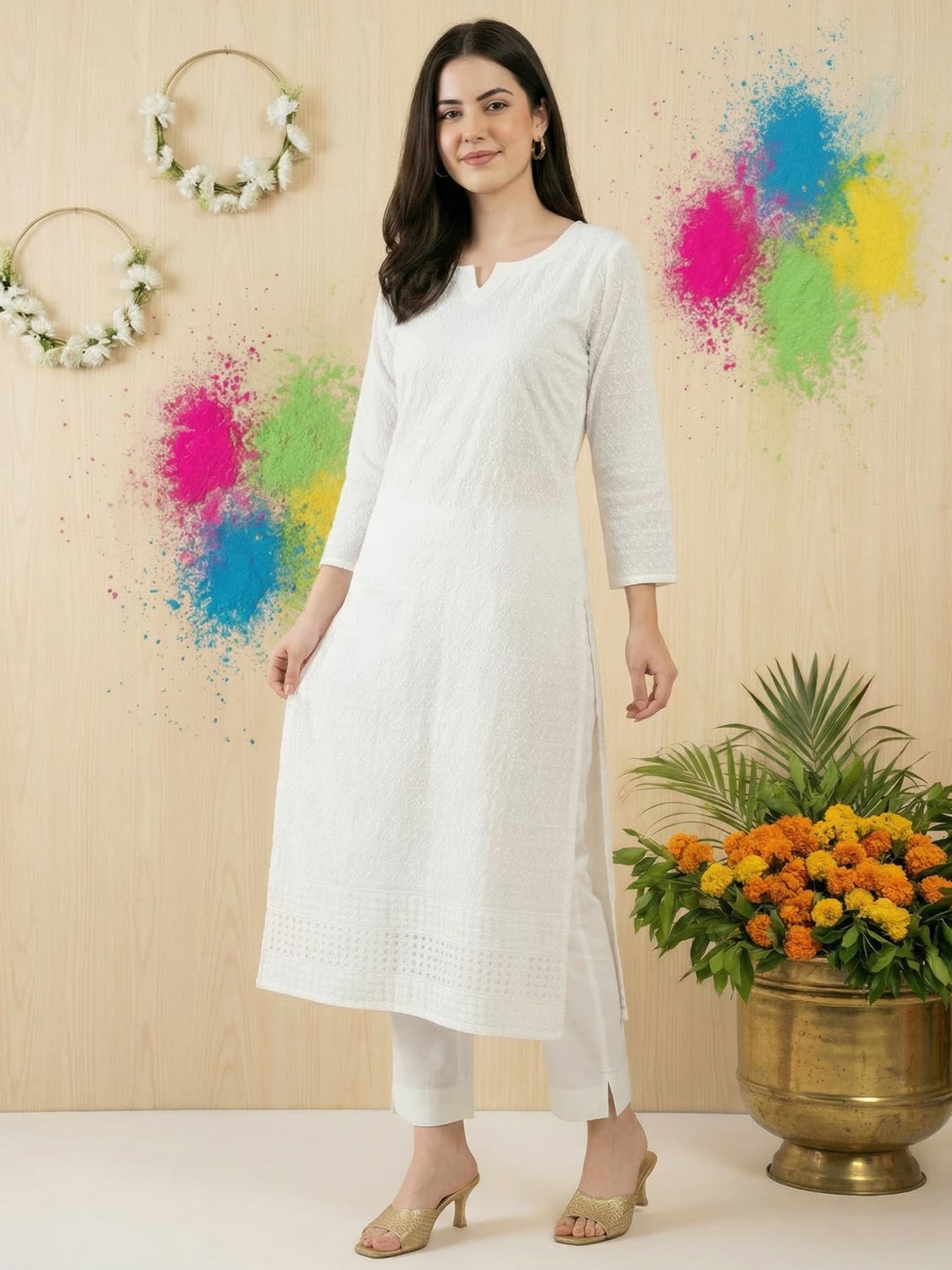 Women's White Festive Embroidered Kurta