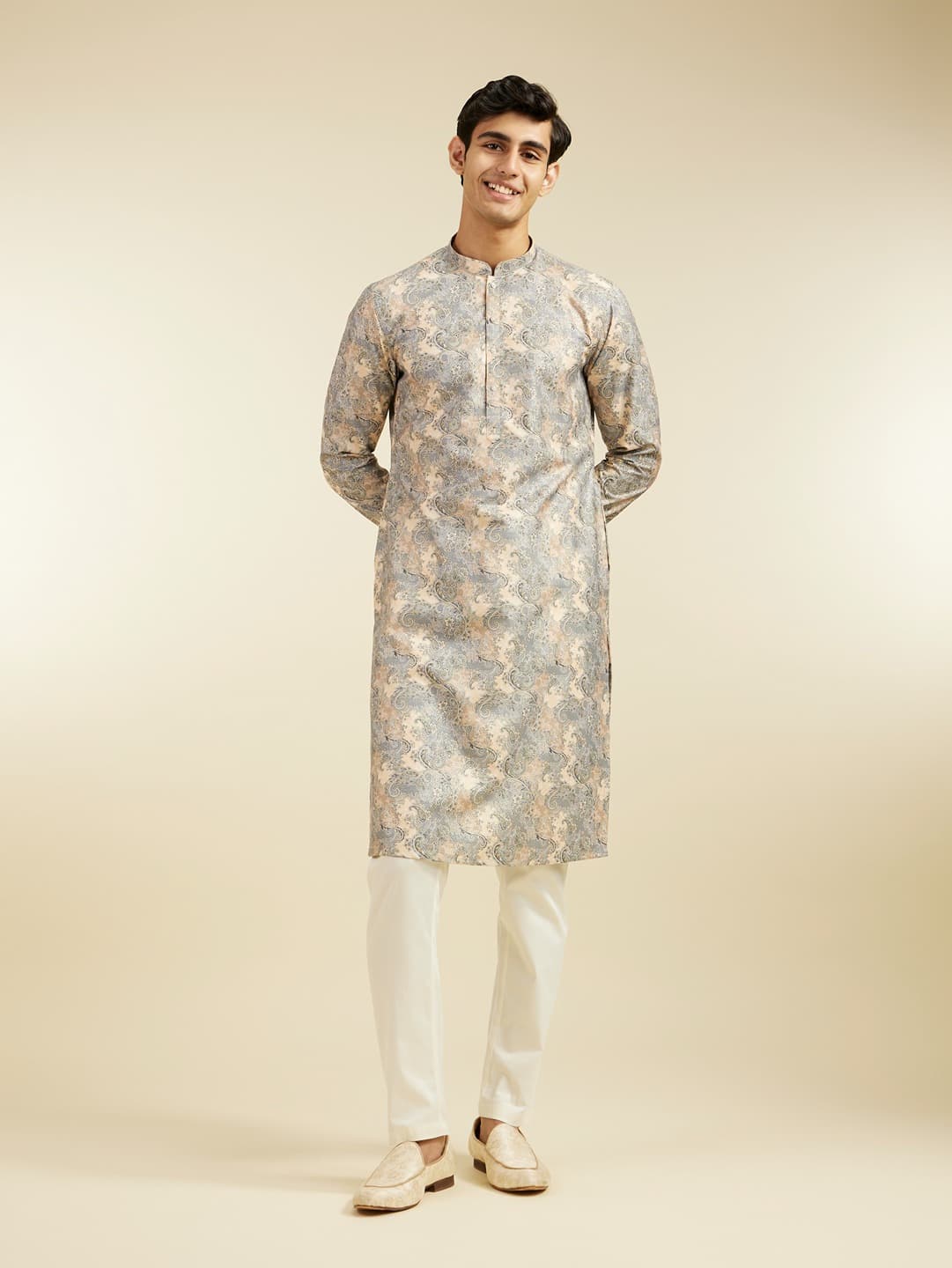 Men's Smoke Grey Paisley Printed Kurta