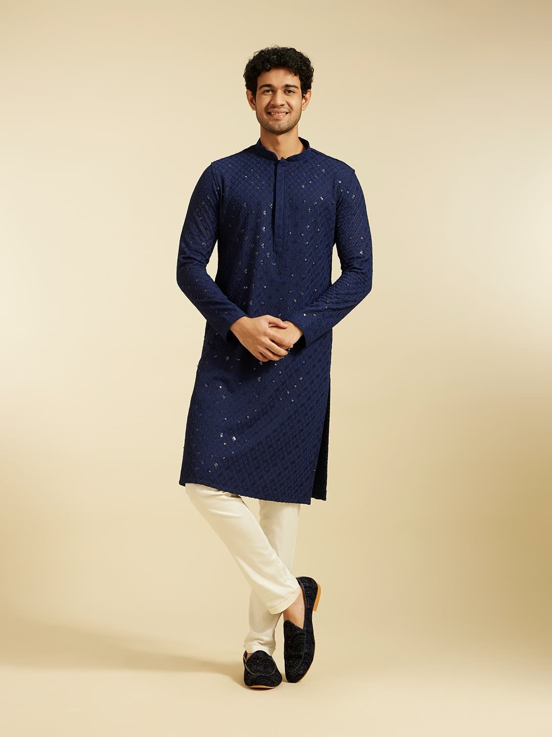 Men's Blue Chikankari Kurta with Sequins
