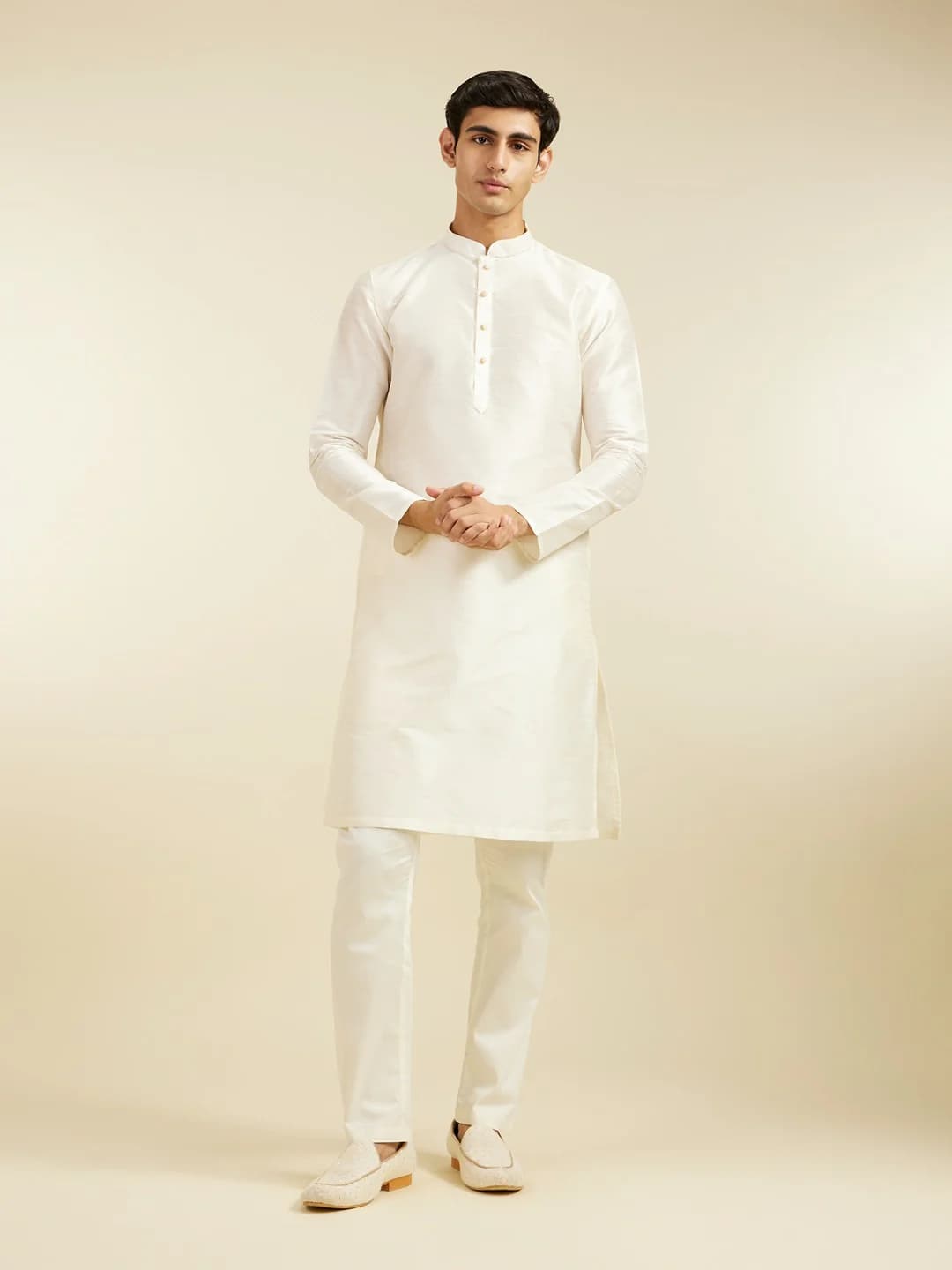 Men's Warm White Plain Classic Silk Kurta
