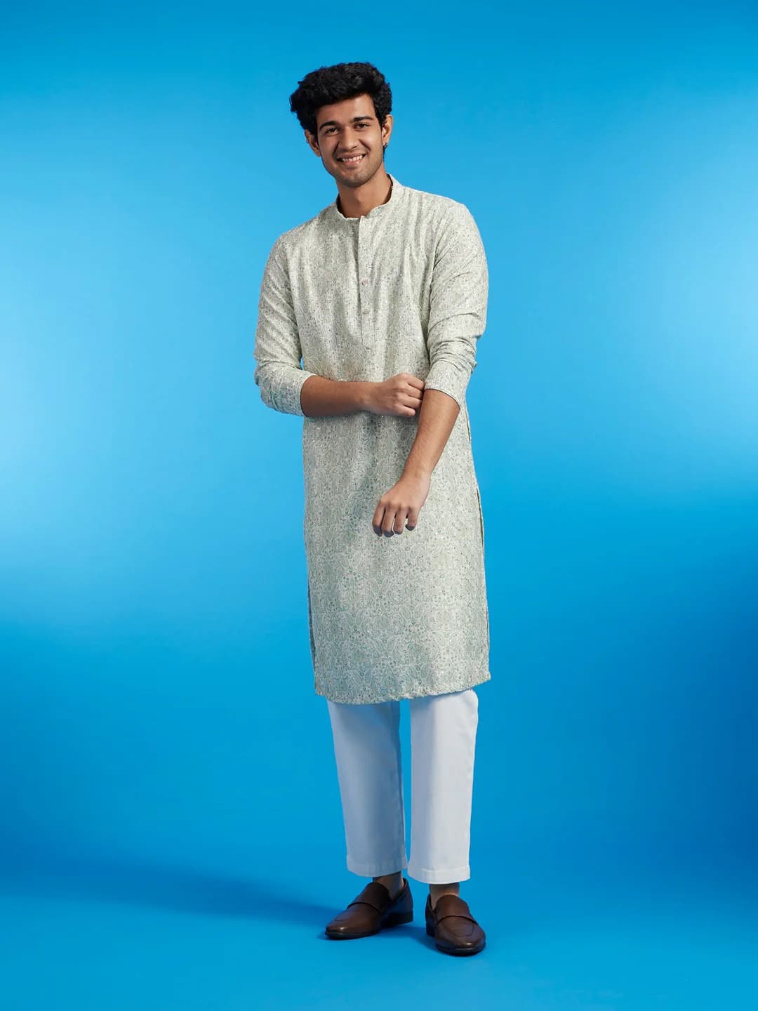Men's Soft Green Paisley Patterned Cotton Kurta with Rhinestones
