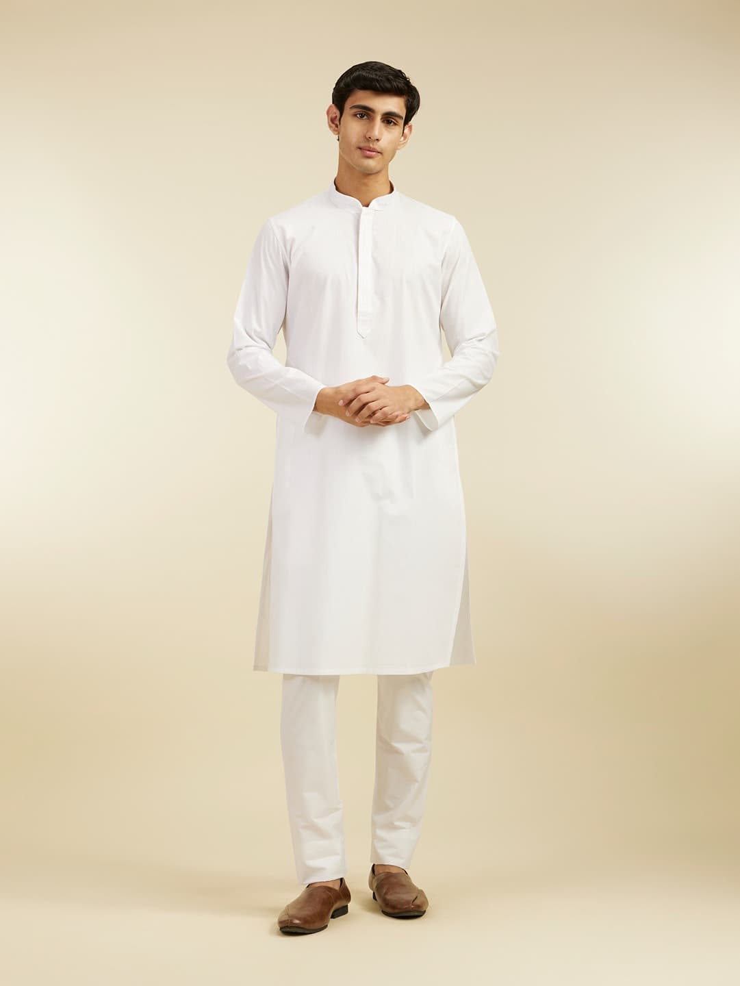 Men's Snow White Plain Classic Kurta with Embroidered Neckline