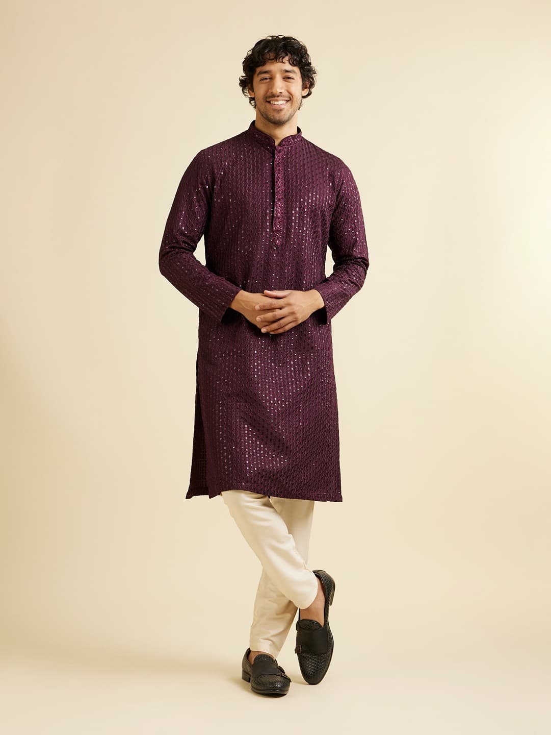Men's Wine Petal String Patterned Kurta Set with Mirror Work