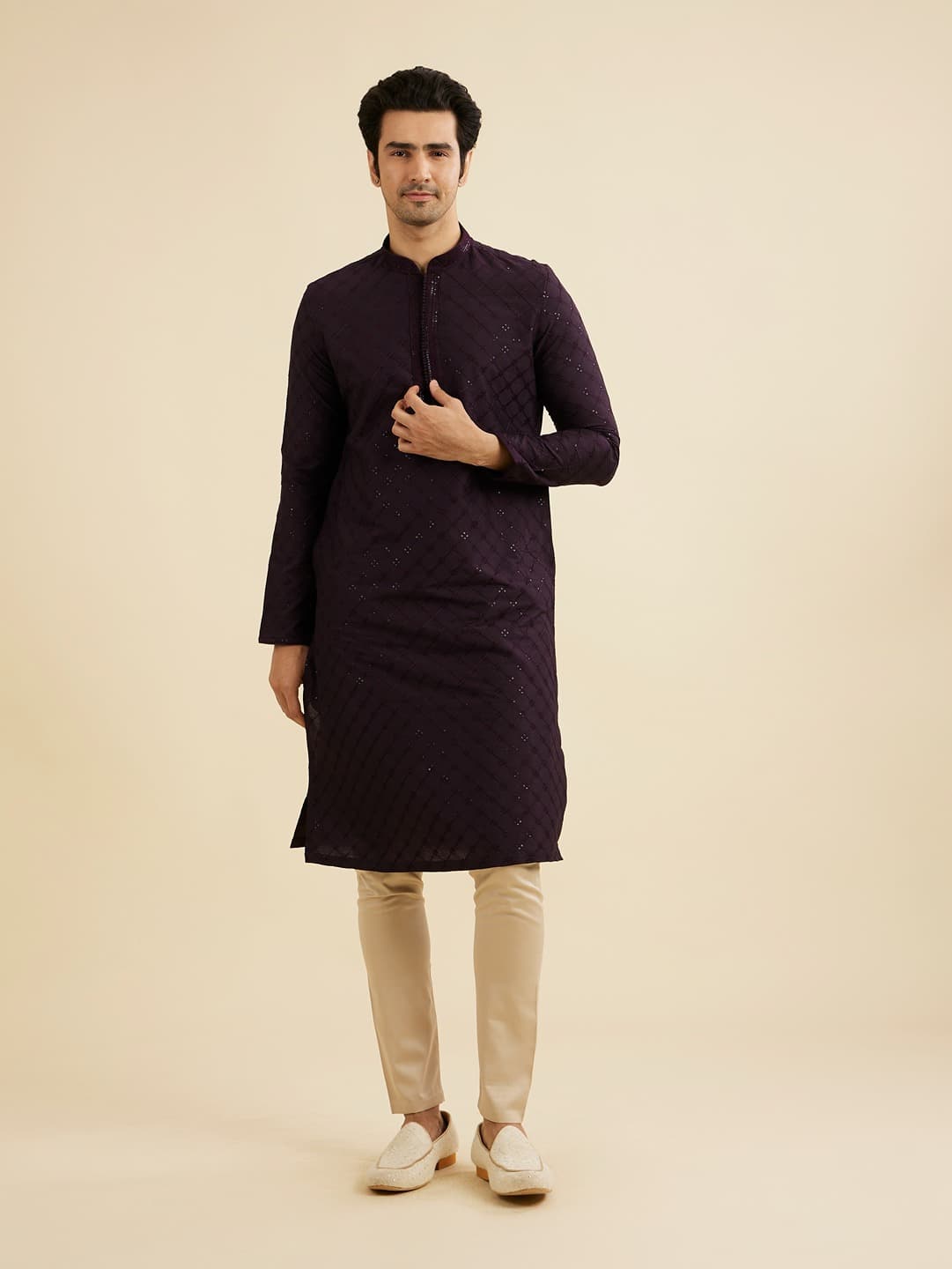 Men's Plum Purple Self Patterned Sequinned Kurta Set