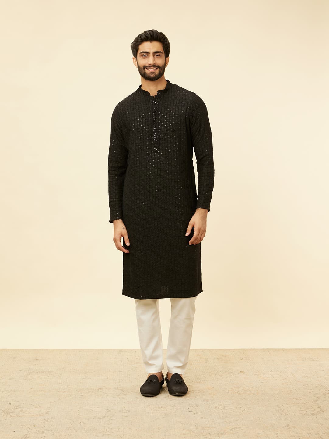 Men's Charcoal Black Chikankari Sequinned Kurta Set
